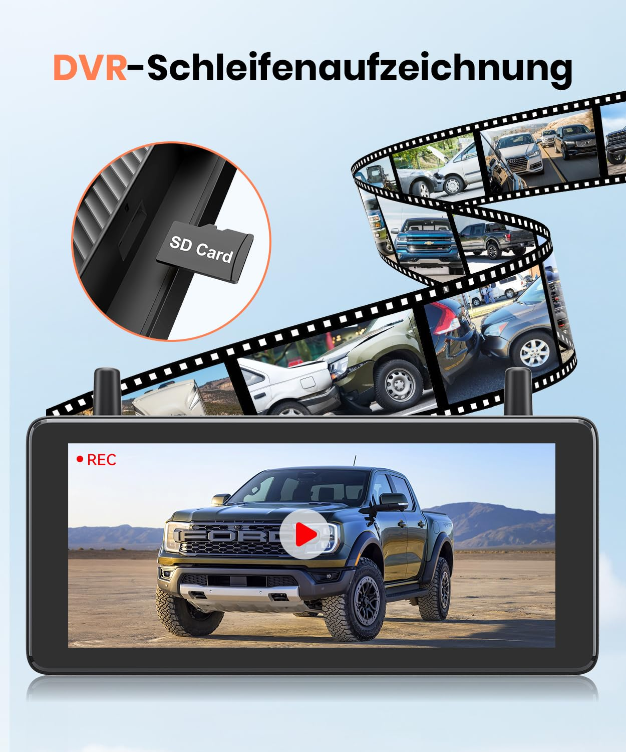 Dashcam zeigt Auto in Wüste, SD-Karte und Filmstreifen mit Unfällen.