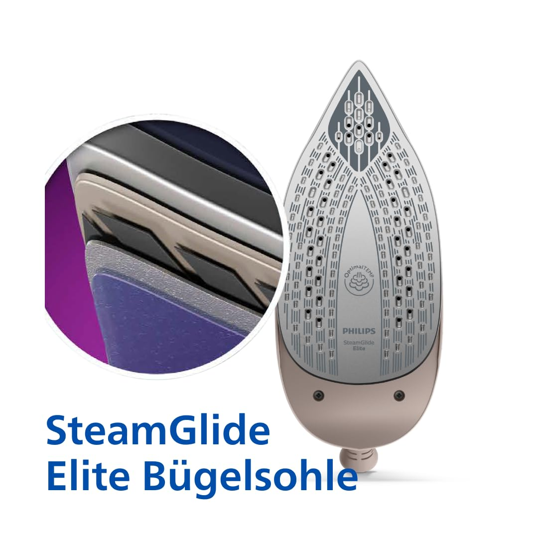 Nahaufnahme einer Philips SteamGlide Elite Bügelsohle mit vergrößertem Ausschnitt, der den mehrschichtigen Aufbau zeigt.