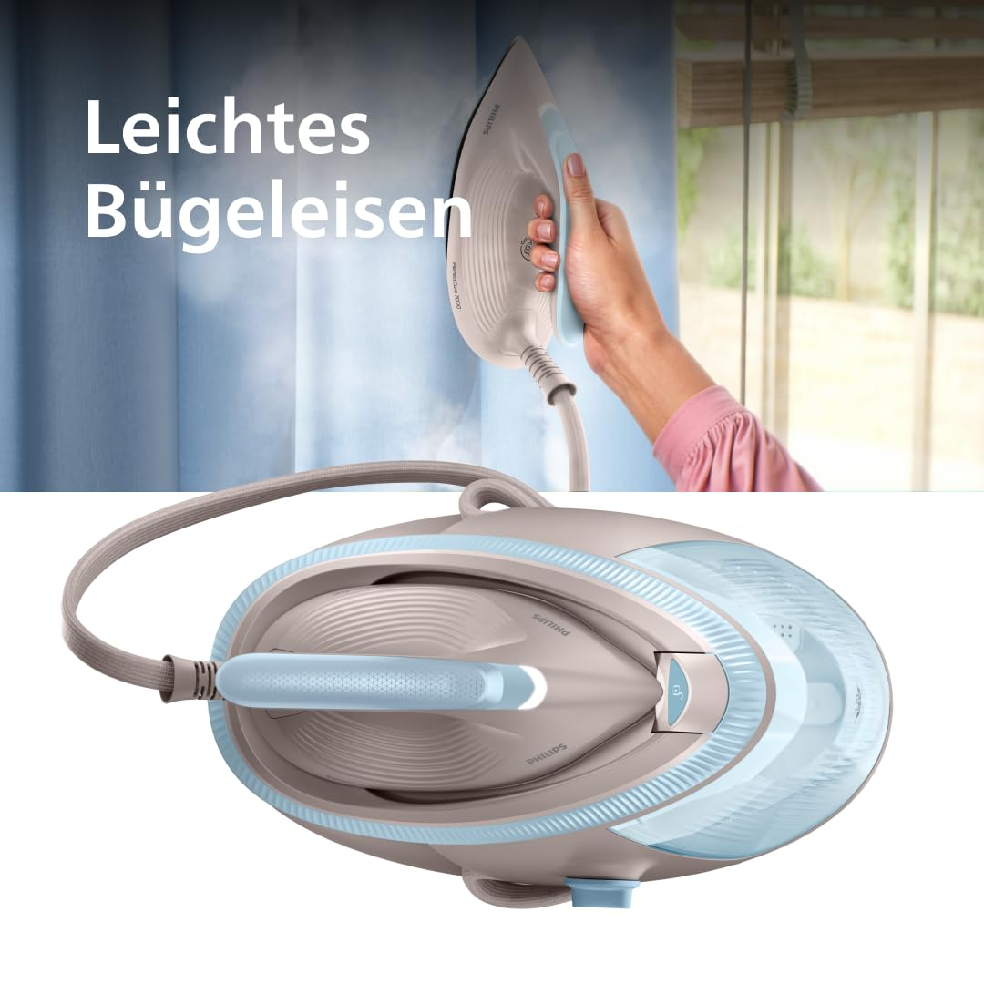 Ein beige-blaues Philips Bügeleisen mit Dampfstation und German text overlay.