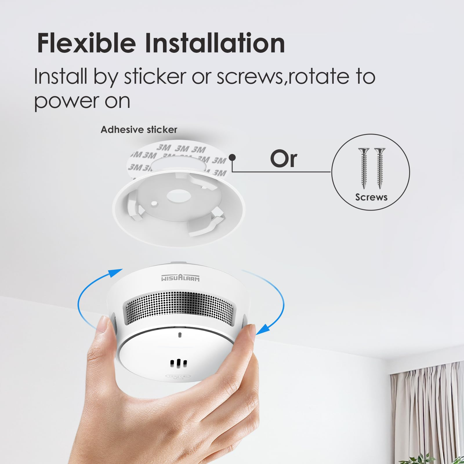Diagramm zeigt flexible Installation eines Rauchmelders mit Kleber oder Schrauben.