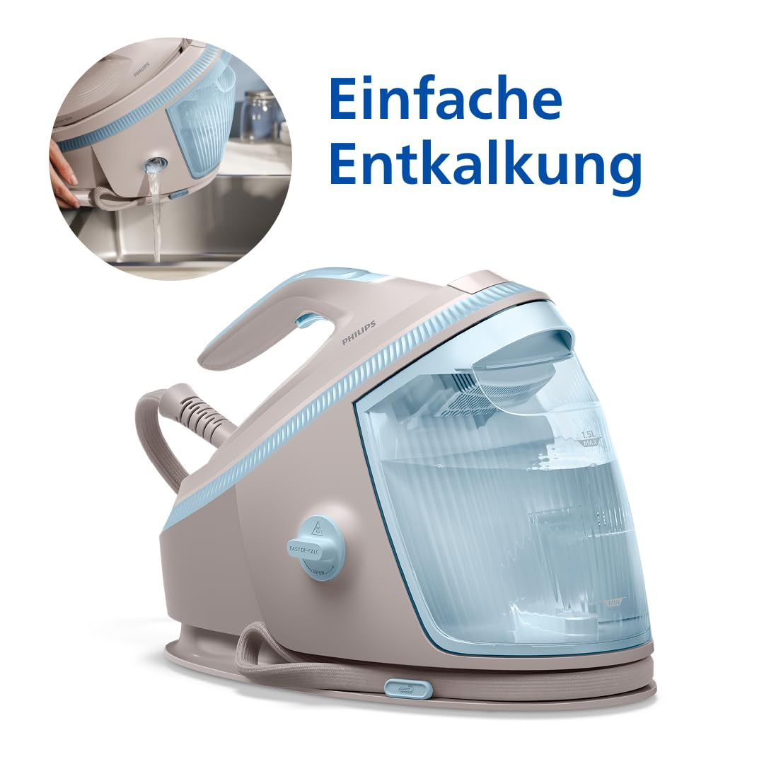 Ein beige-blauer Philips Dampfbügelstation mit großem Wassertank und Text auf Deutsch: Einfache Entkalkung.