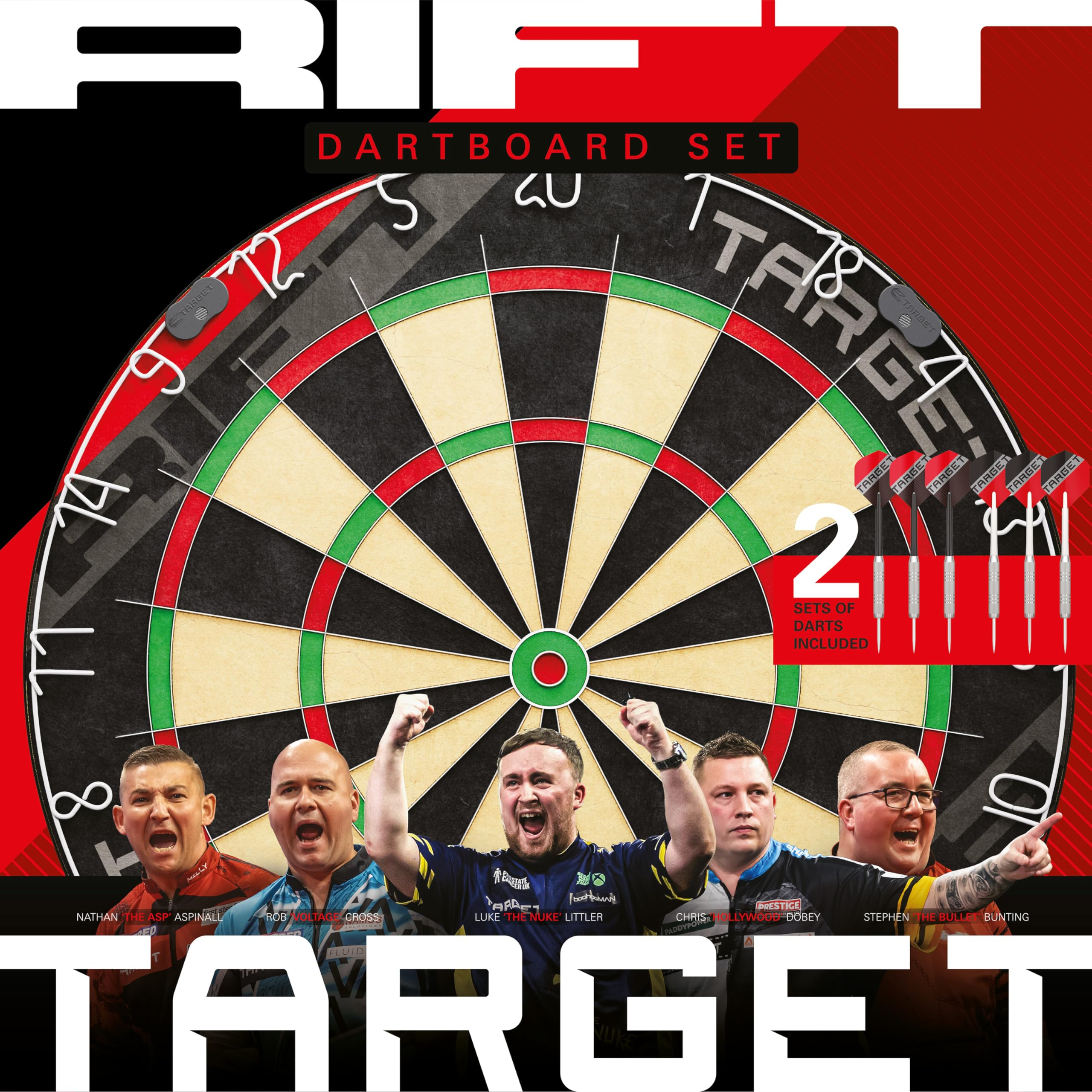 Ein Dartboard-Set mit fünf professionellen Spielern unten und zwei Dartsets rechts.