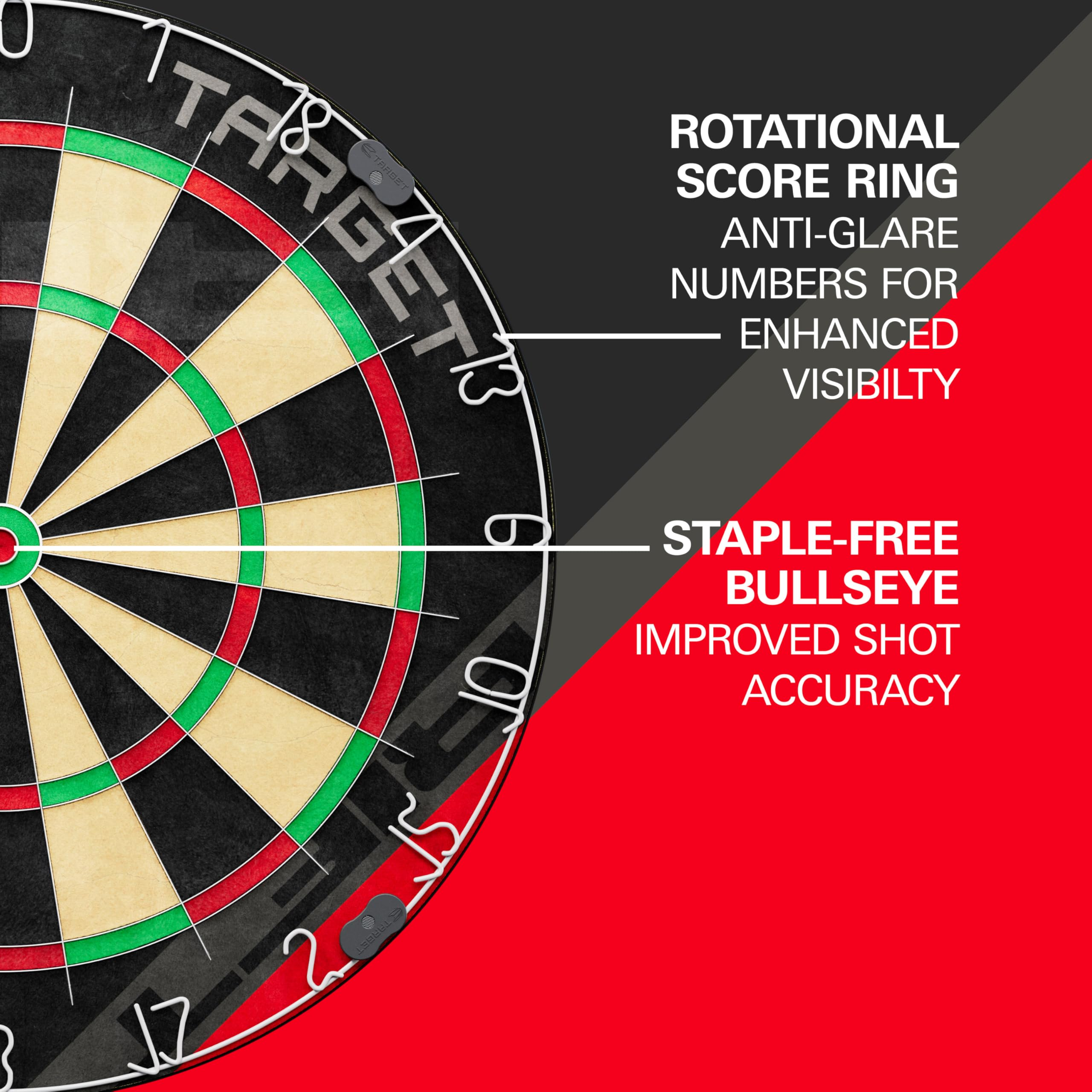 Nahaufnahme einer Dartscheibe mit drehbarem Zahlenring und klammerfreiem Bullseye sowie erklärendem Text.
