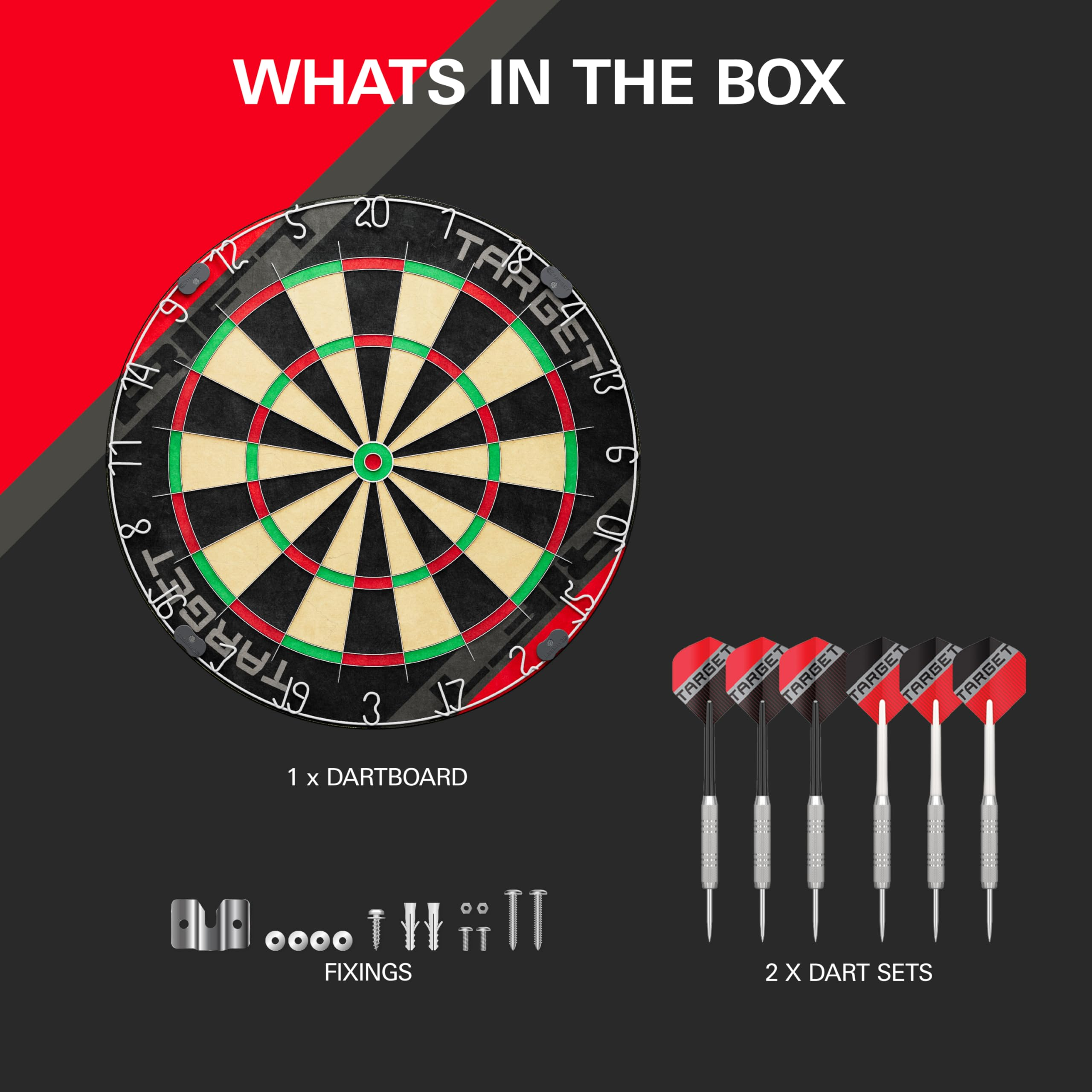 Inhalt: 1 Dartscheibe, 2 Dartsets mit je 3 Darts und Befestigungsmaterial auf dunklem Hintergrund.