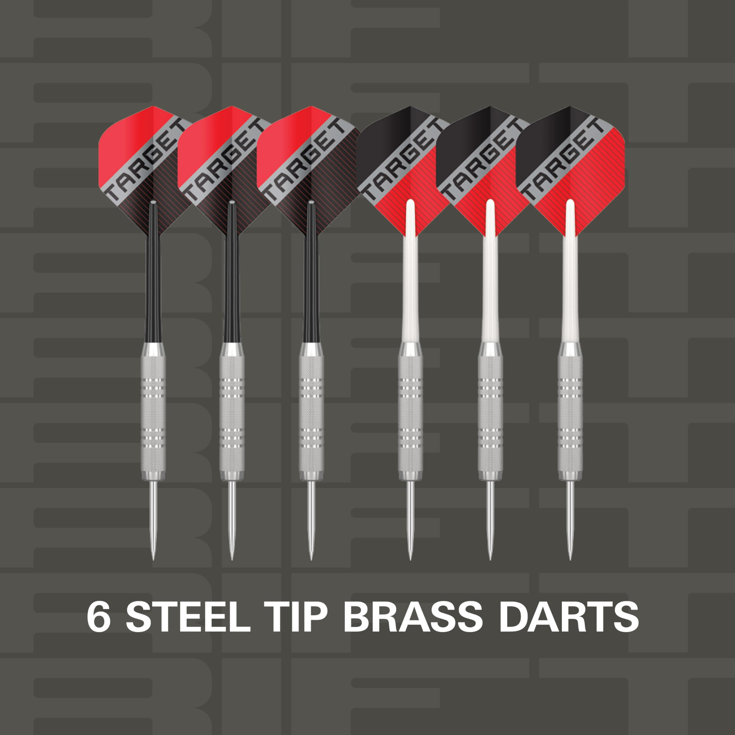 Sechs Steel-Tip-Messingdarts mit rot-schwarzen Flights vor dunklem Hintergrund.