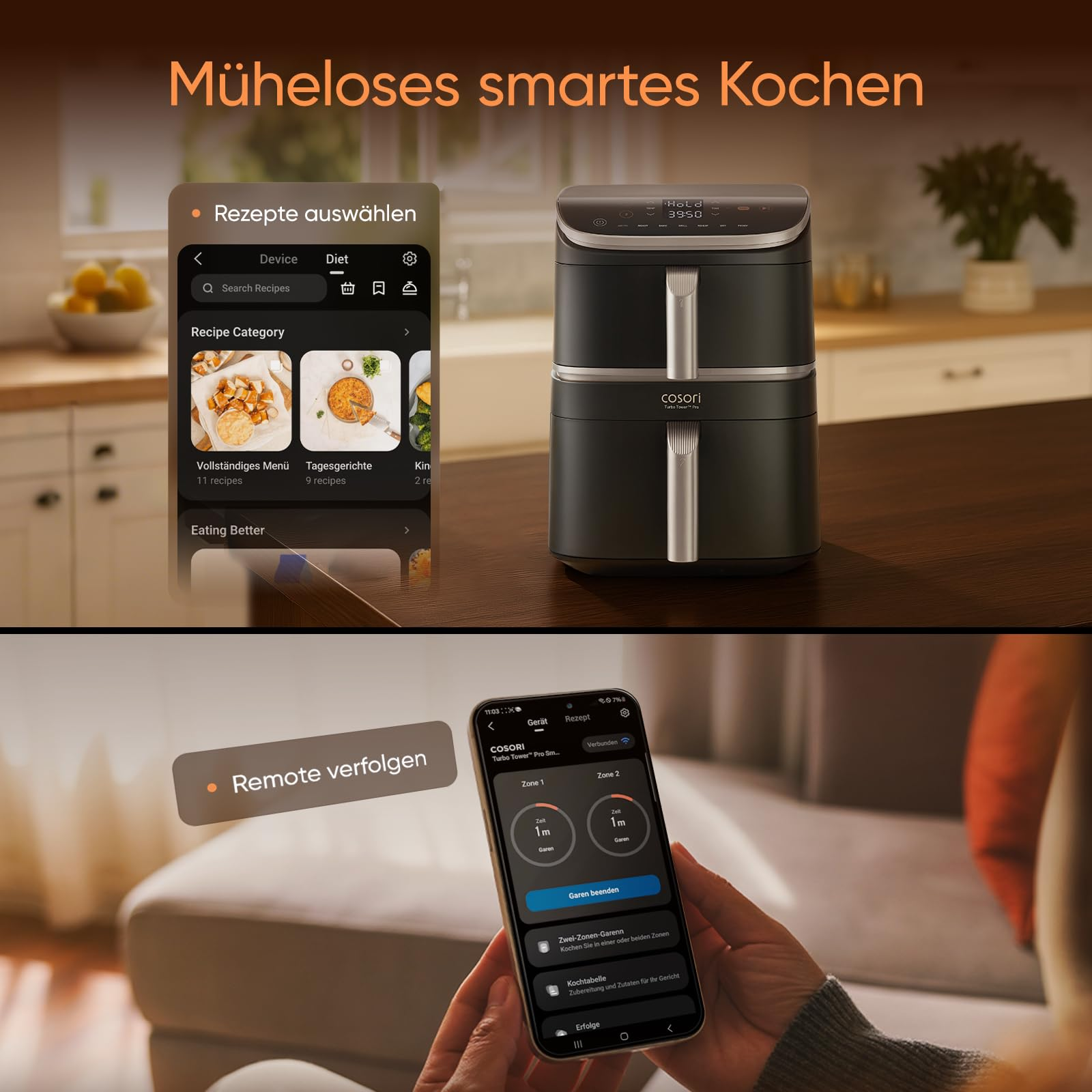 Une friteuse sans huile Cosori sur un comptoir en bois, connectée à une application de cuisine sur smartphone.