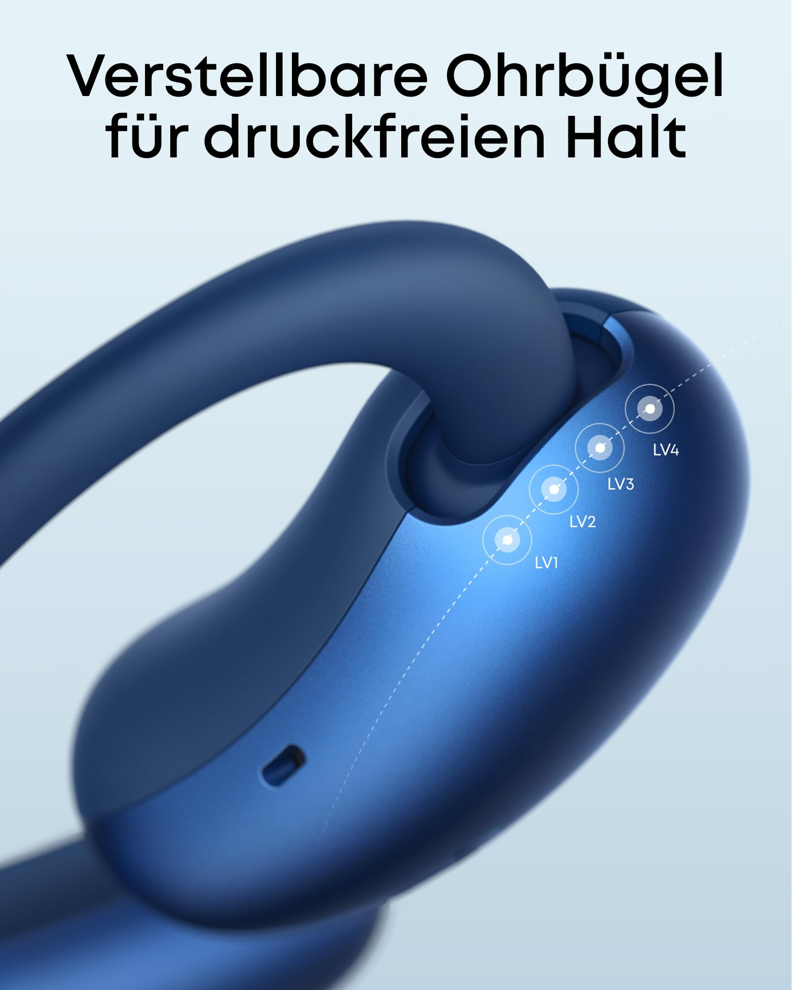 Blaue Ohrhörer mit verstellbaren Bügeln in vier Stufen und deutschem Text.