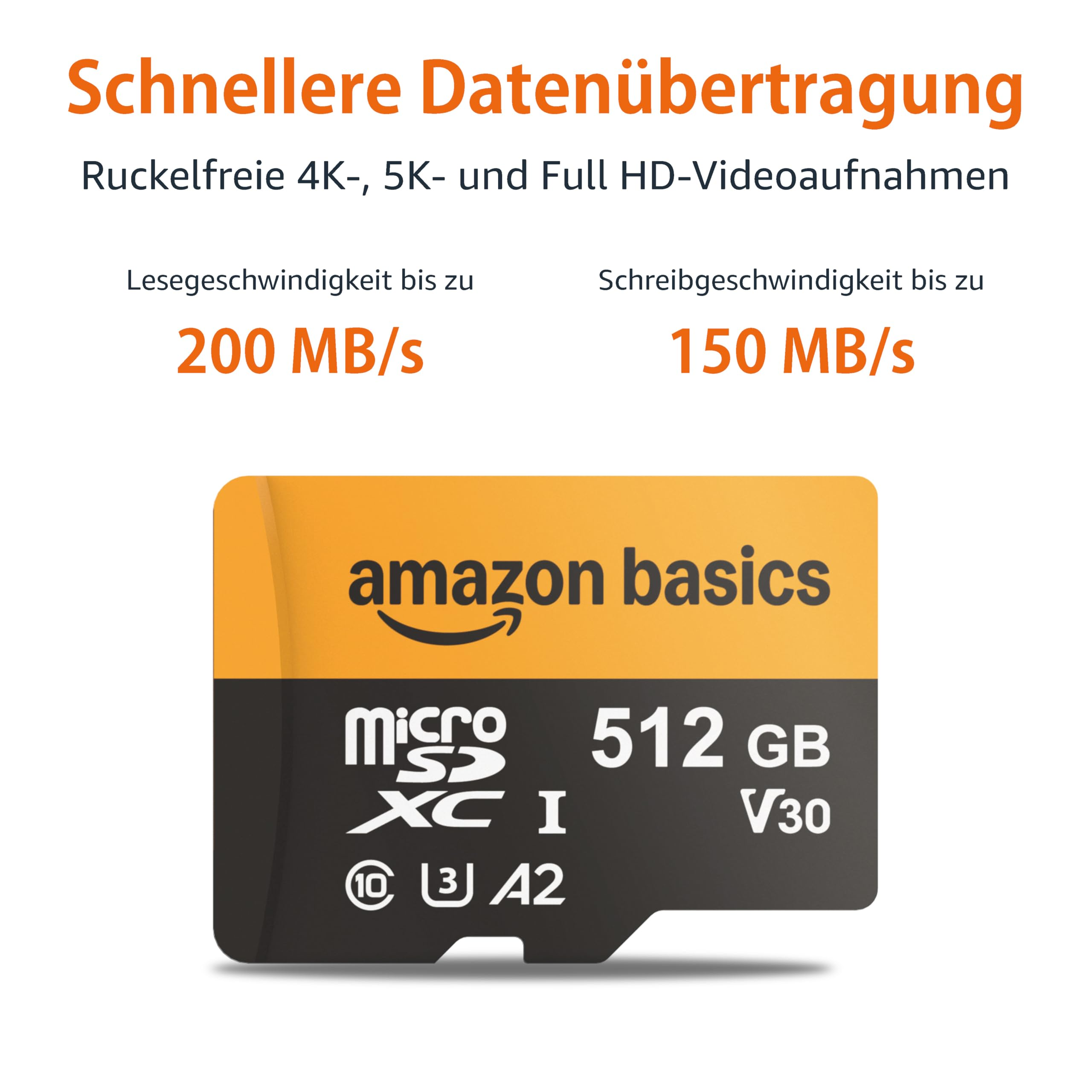Carte MicroSD Amazon Basics 512 Go avec vitesses de lecture de 200 Mo/s et d'écriture de 150 Mo/s.