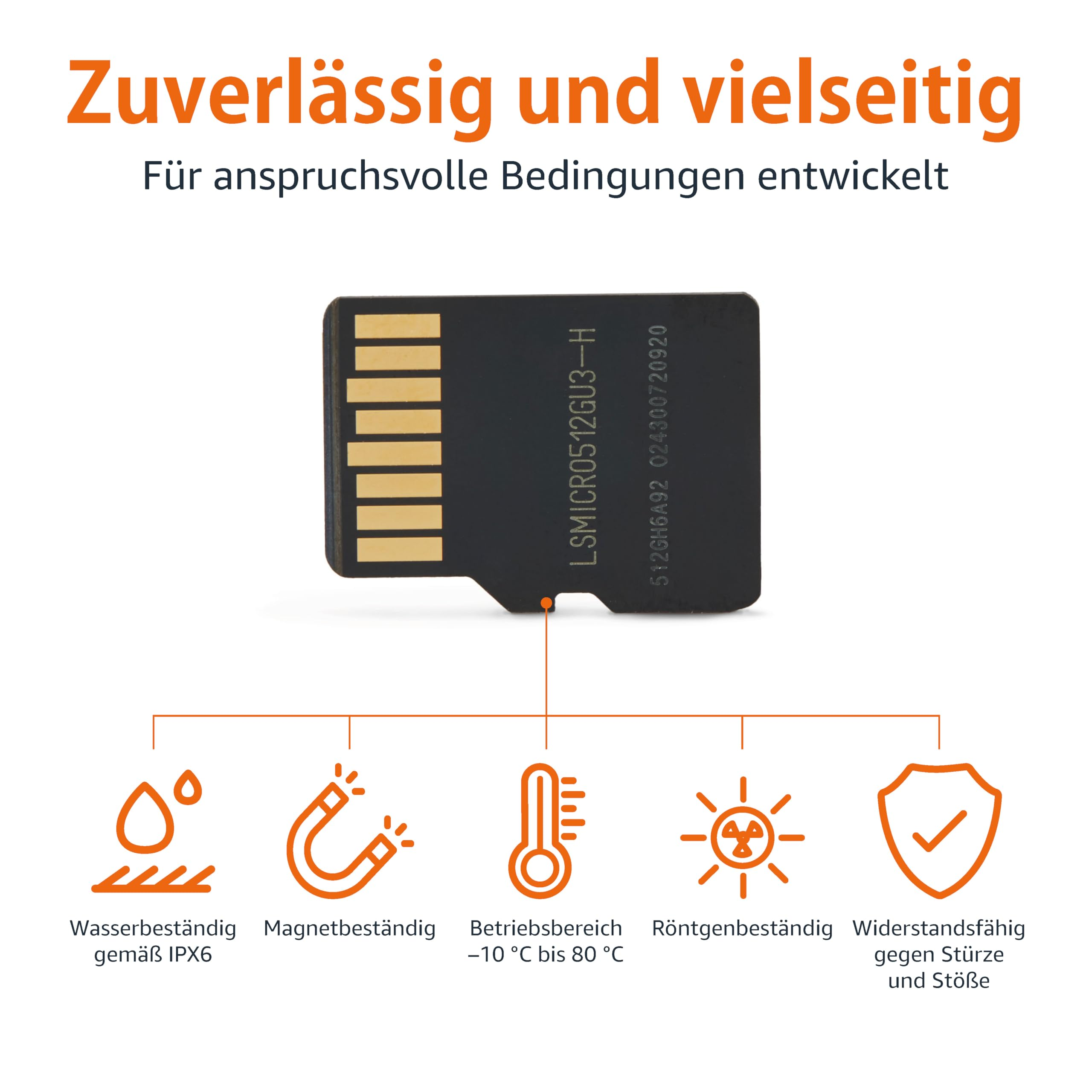 Une carte micro SD avec des icônes de résistance à l'eau, aux aimants, à la température et aux chocs.