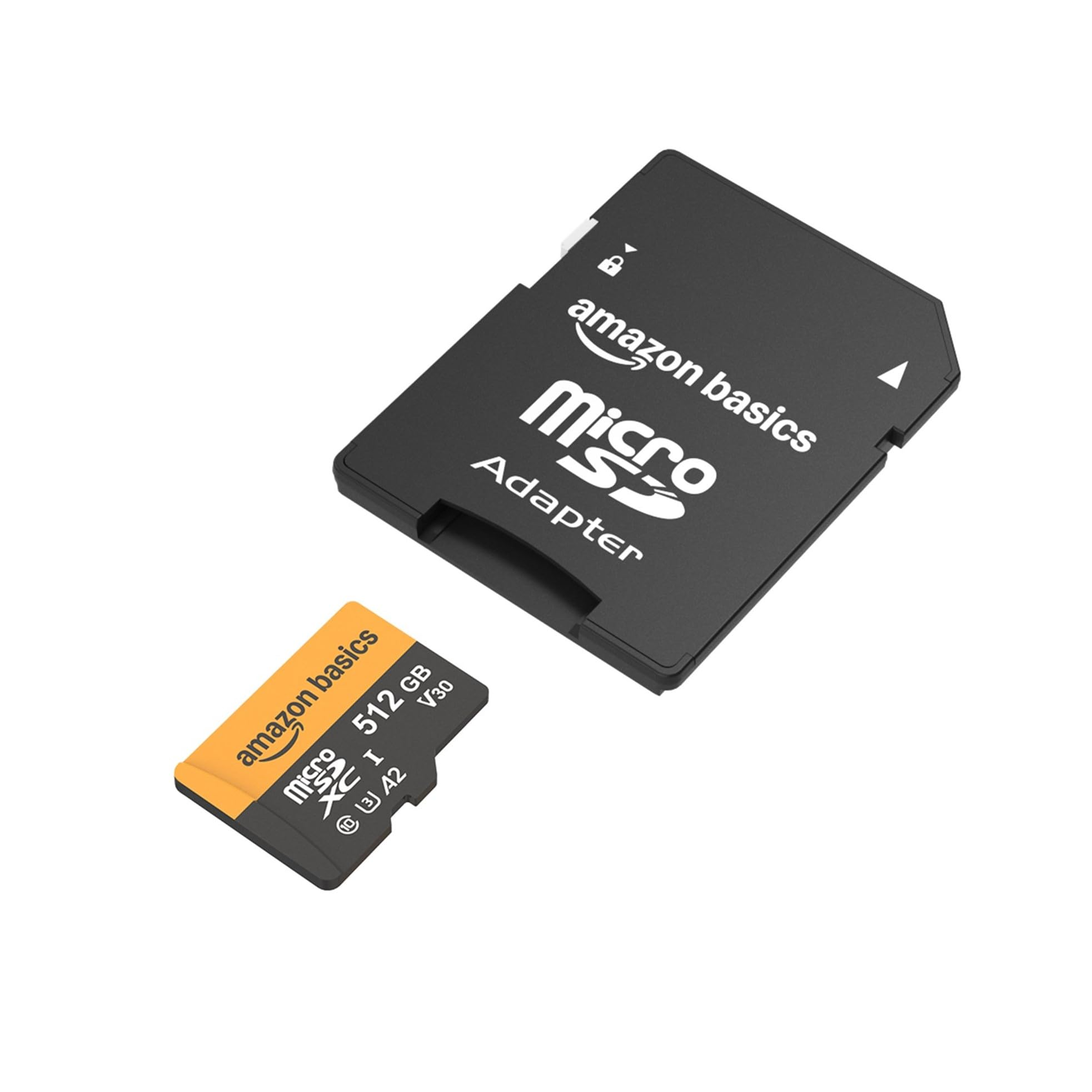 Une carte microSD Amazon Basics de 512 Go à côté de son adaptateur SD noir sur fond blanc.