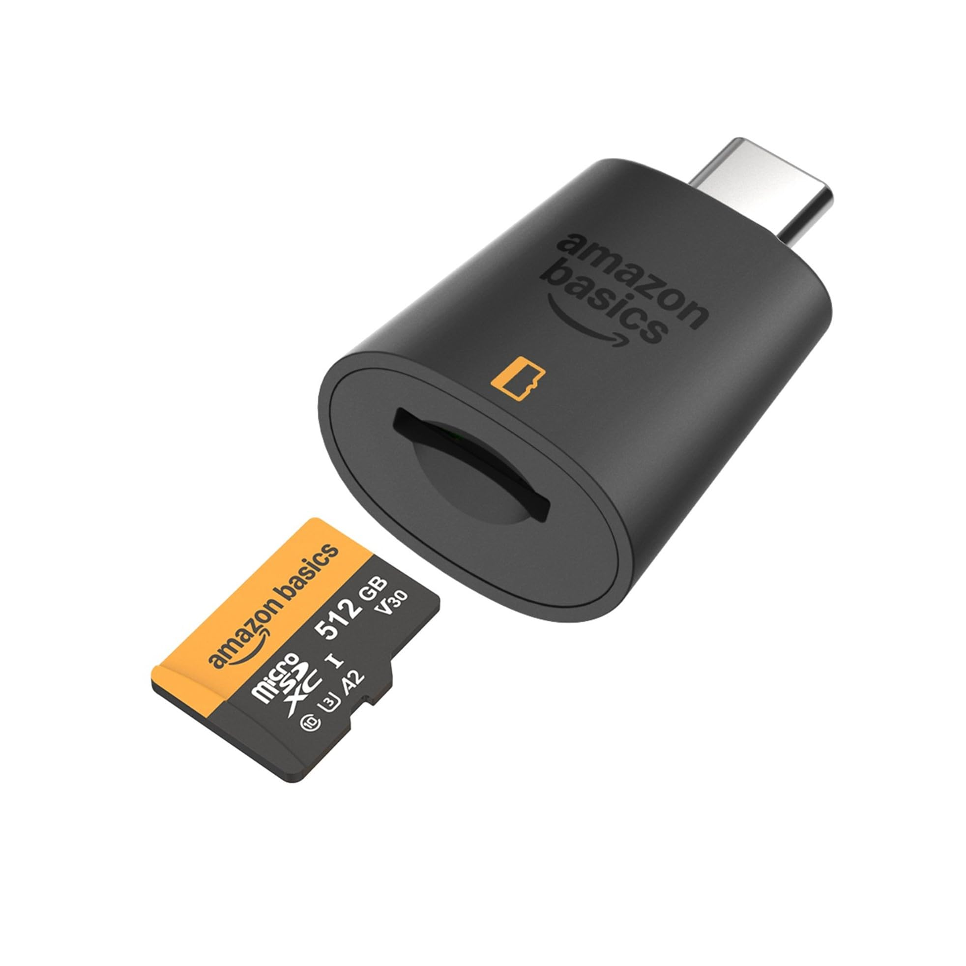 Un lecteur de carte USB-C noir Amazon Basics avec une carte micro SD de 512 Go sur fond blanc.