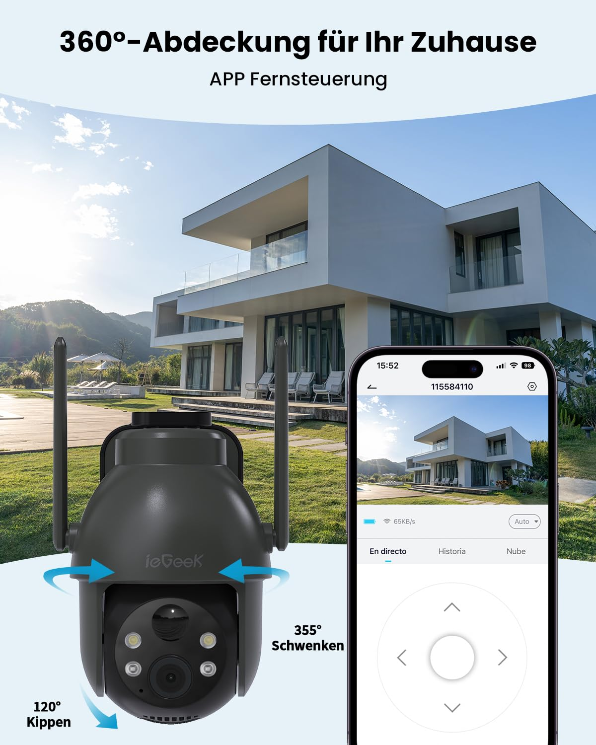 Telecamera di sicurezza e smartphone che mostra un'app di controllo davanti a una casa moderna.
