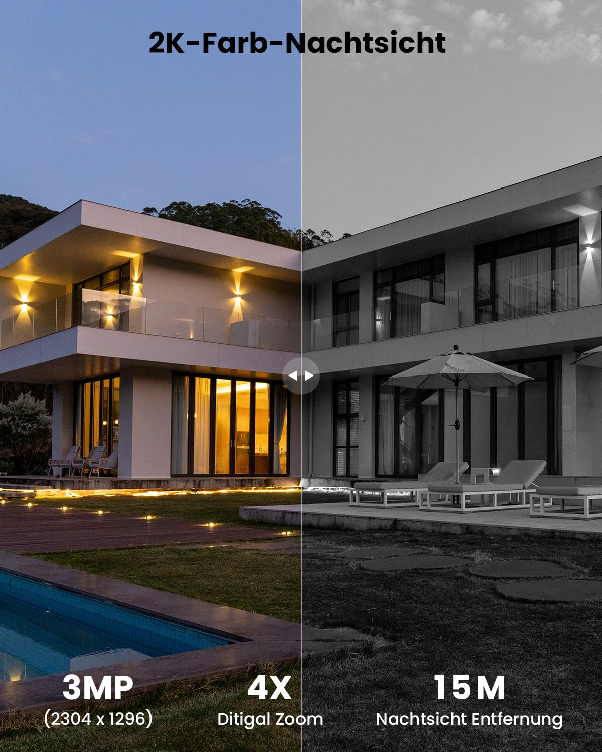 Confronto tra visione notturna a colori e in bianco e nero davanti a una villa moderna.