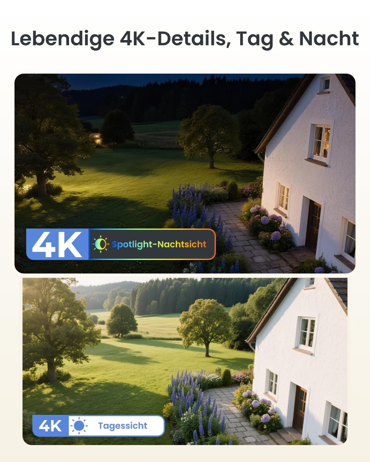Confronto di riprese 4K di una casa bianca di notte con faretti e di giorno.