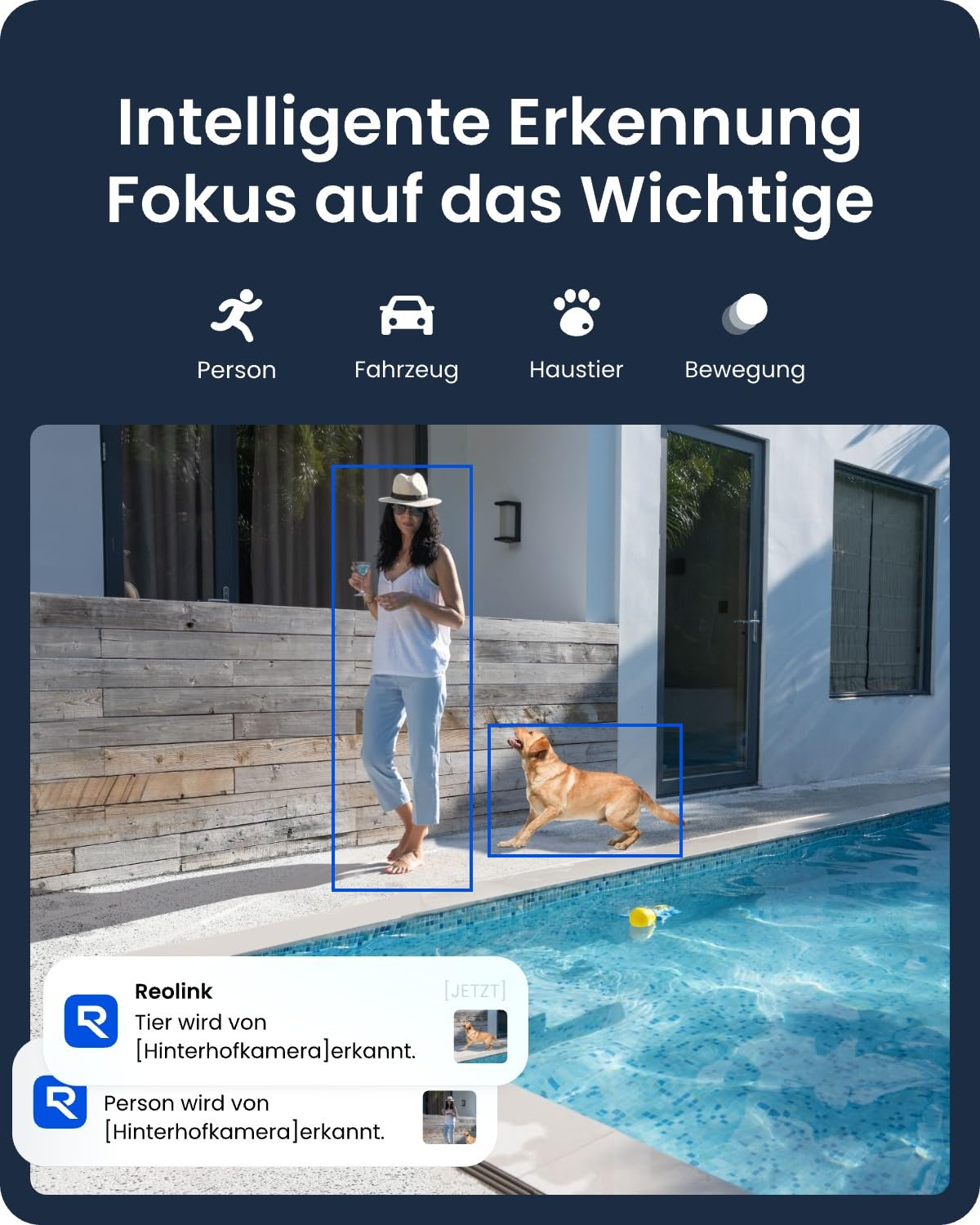 Grafica di telecamera di sicurezza IA con persona e cane rilevati vicino a una piscina.