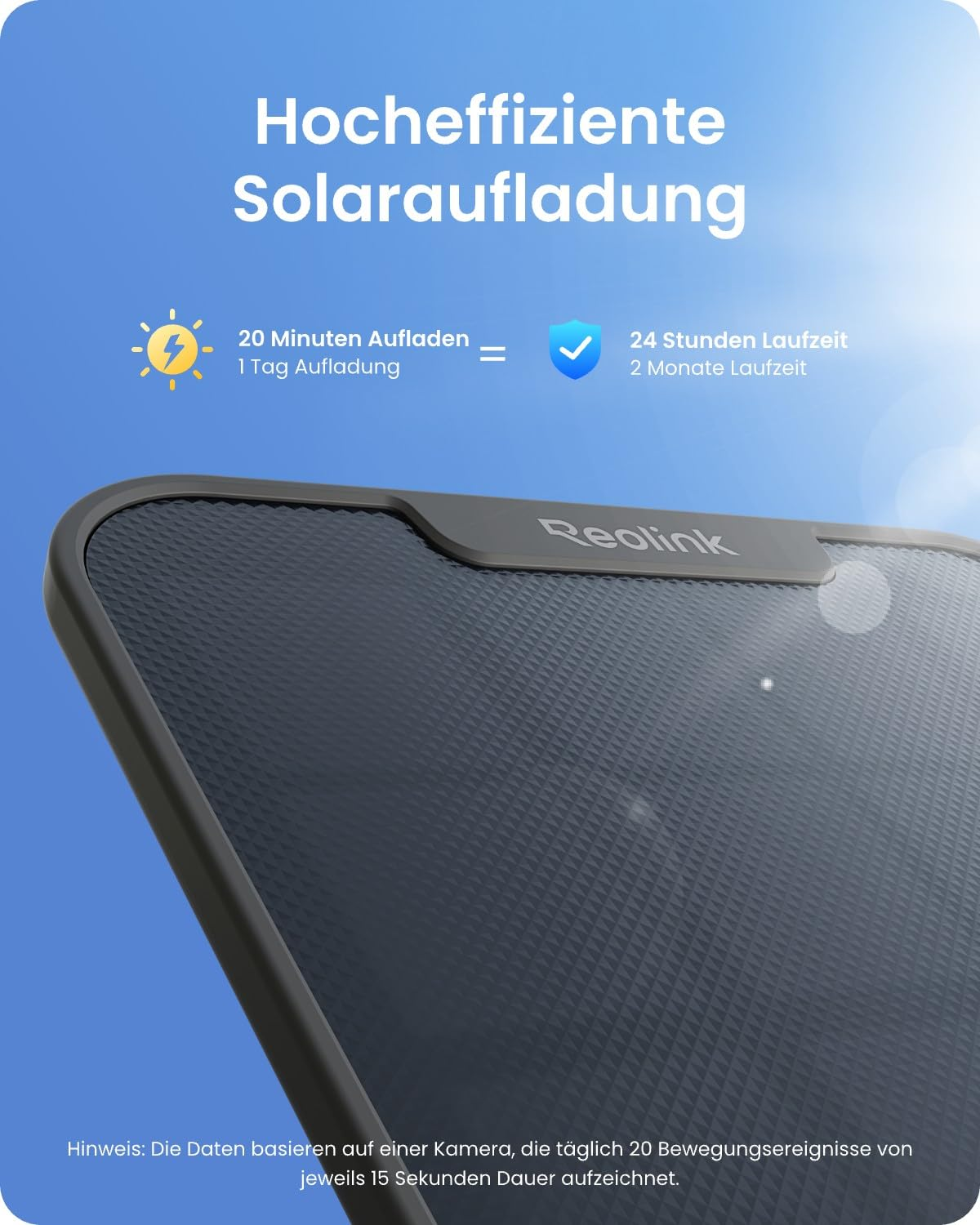 Pannello solare Reolink su cielo blu con testo sulla ricarica solare ad alta efficienza.