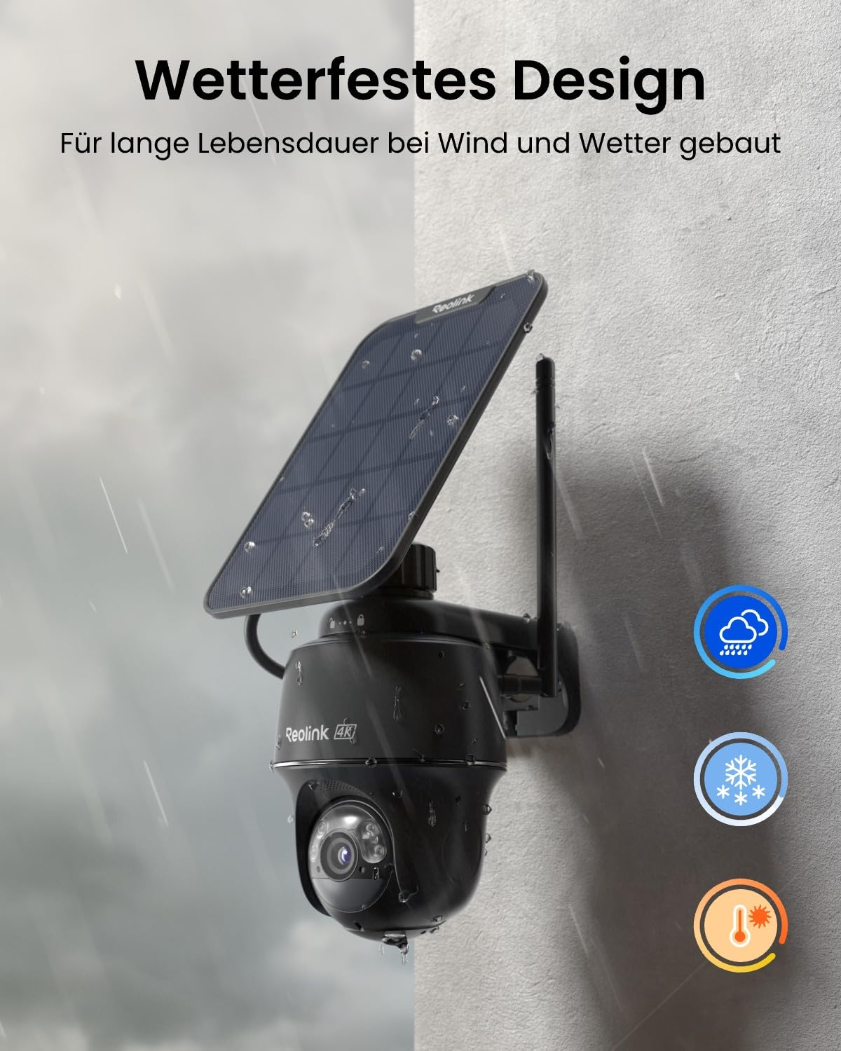 Telecamera di sicurezza nera resistente alle intemperie con pannello solare montata a muro.
