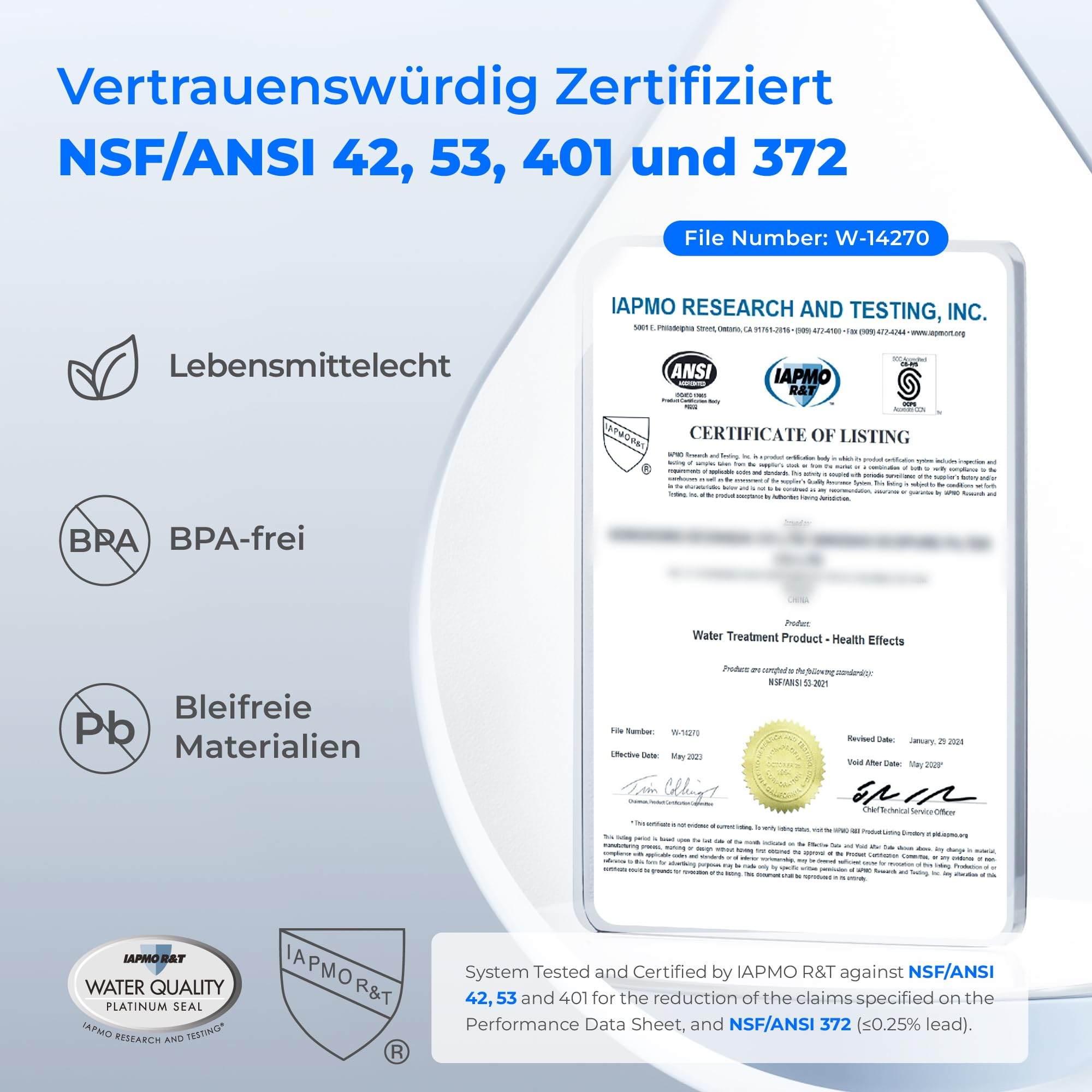 Certificato IAPMO che conferma gli standard NSF/ANSI per i prodotti per il trattamento dell'acqua.
