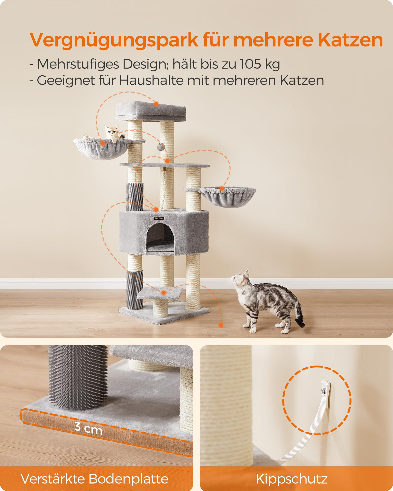 Albero per gatti grigio a più livelli con gatti, ceste, cuccia e tiragraffi.