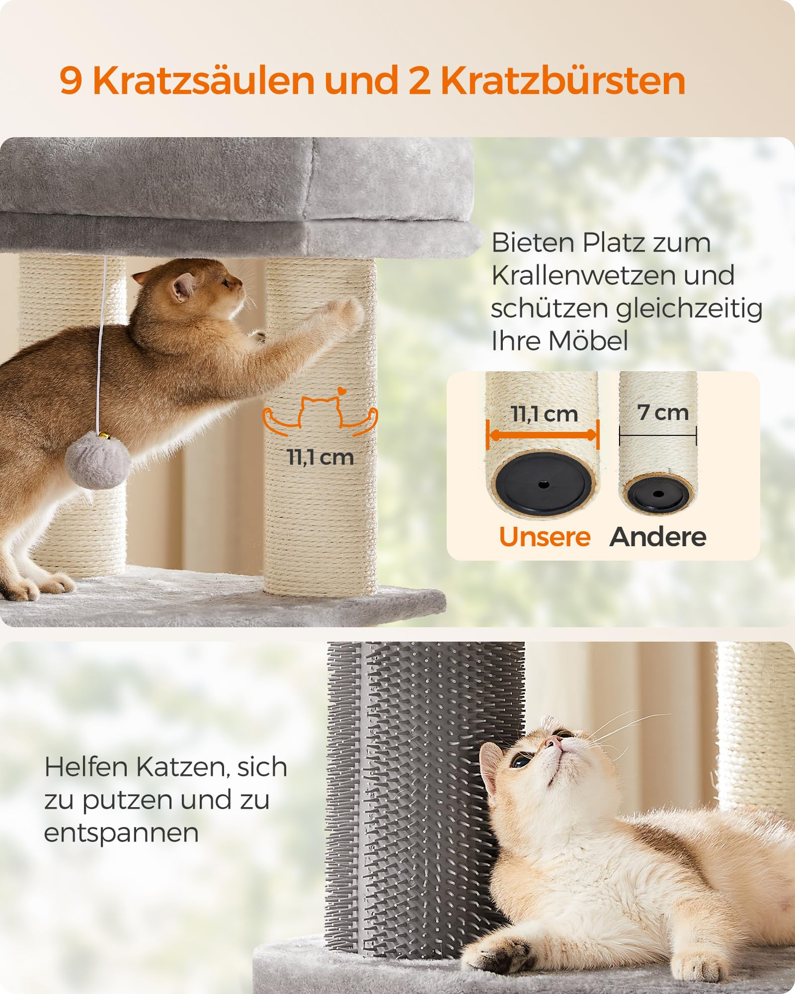 Gatto graffia un palo in sisal e usa una spazzola grigia, con testo in tedesco.