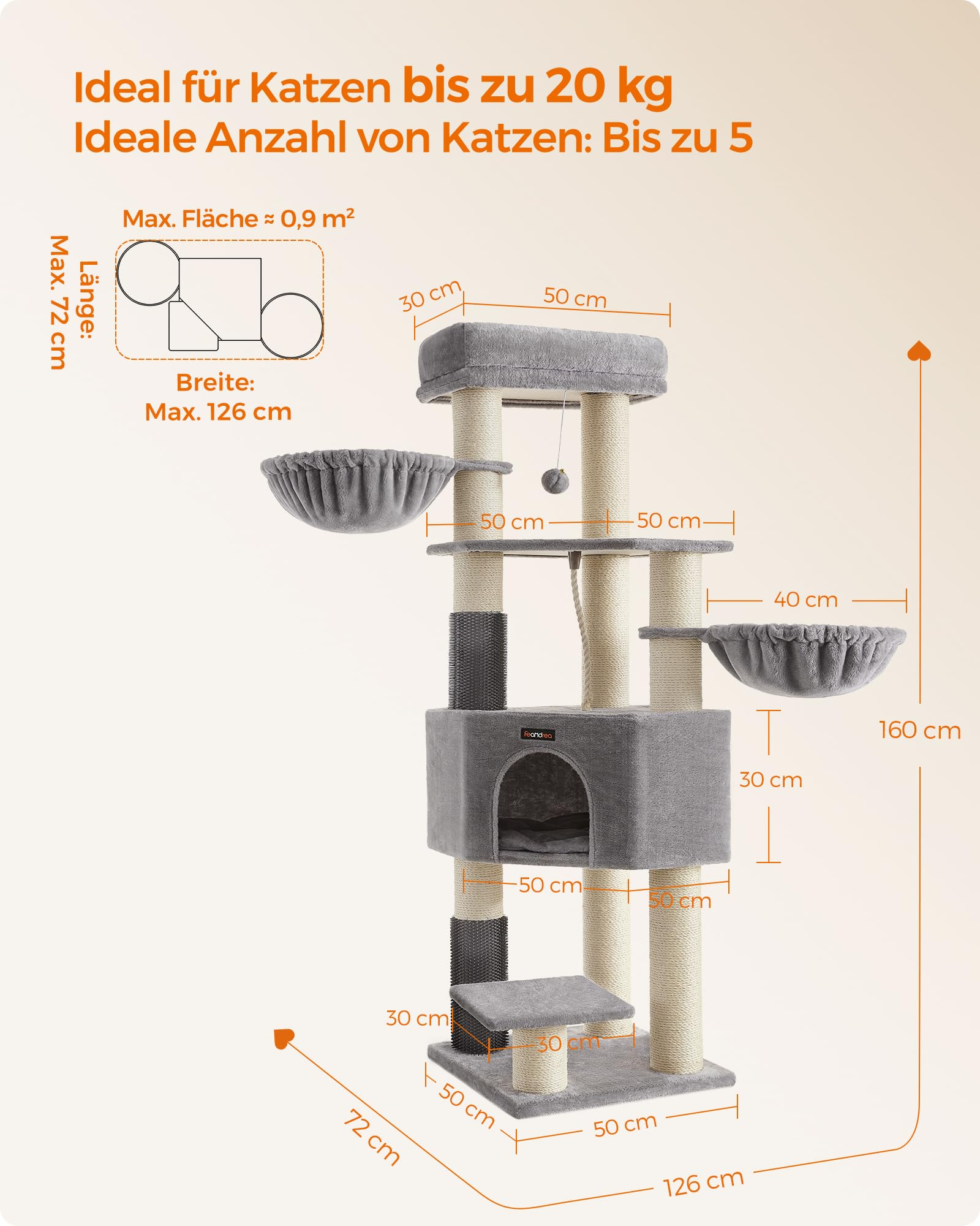 Albero per gatti grigio con dimensioni, piattaforme e cuccia su sfondo chiaro.