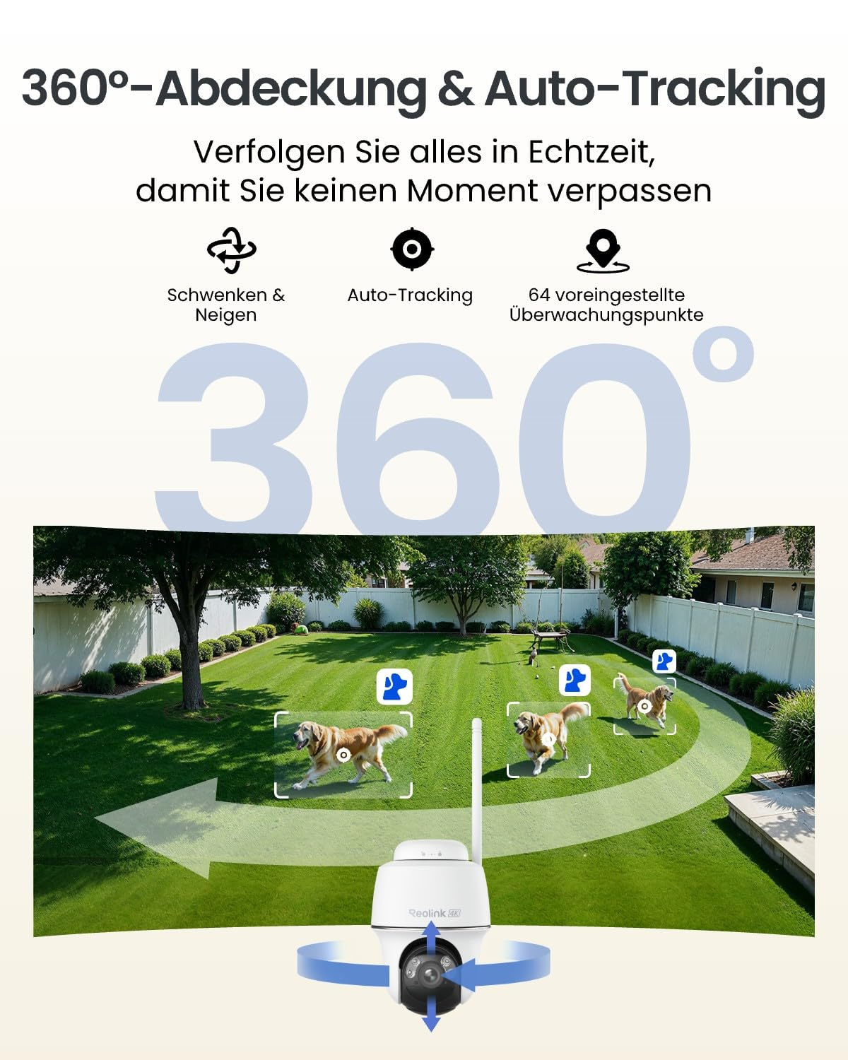 Telecamera di sicurezza che traccia un golden retriever in giardino. Vista a 360 gradi.