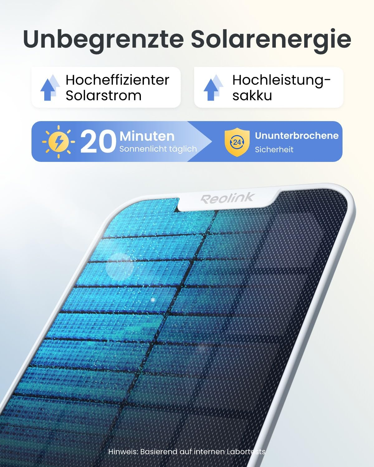 Immagine promozionale per l'energia solare Reolink con pannelli solari blu e testo in tedesco.
