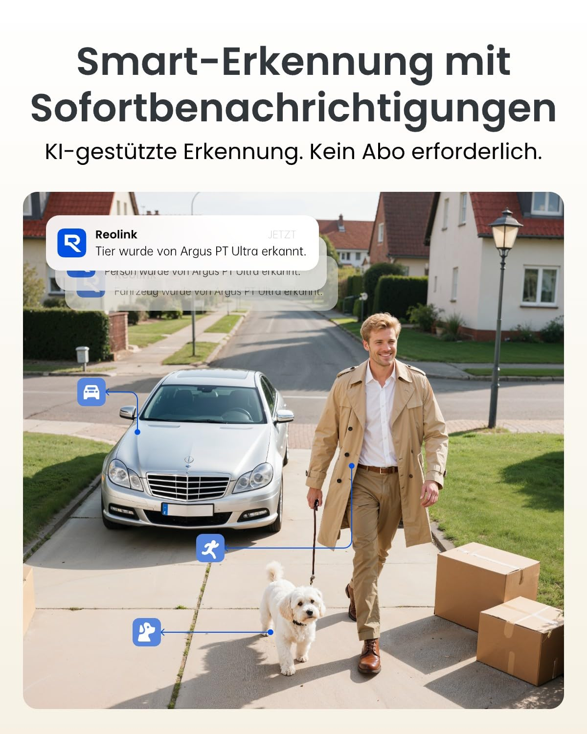 Un uomo porta a spasso un cane su un marciapiede, con auto e case sullo sfondo e notifiche di app.