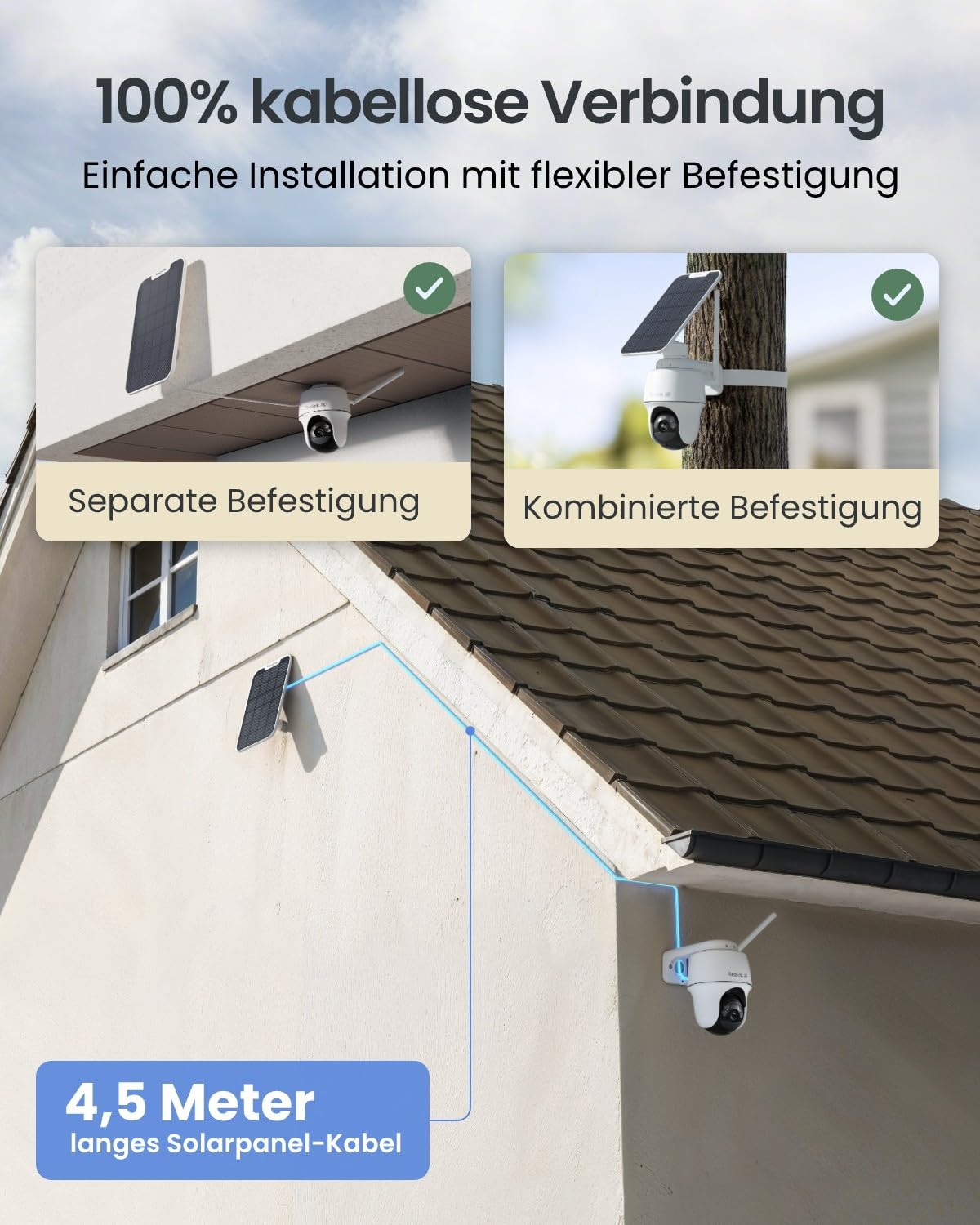 Telecamera di sicurezza con pannello solare, che mostra opzioni di montaggio separate e combinate.