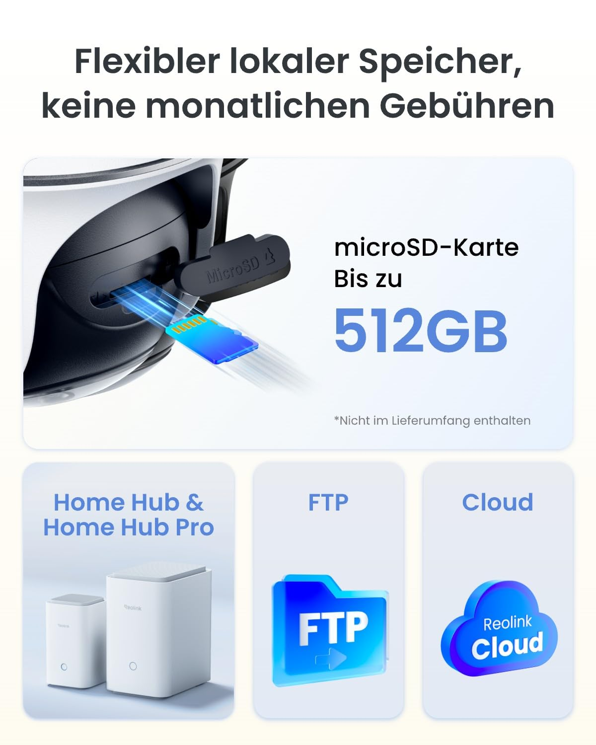 Grafica che mostra l'archiviazione locale con scheda microSD fino a 512 GB, Home Hub e Home Hub Pro, FTP e Cloud.
