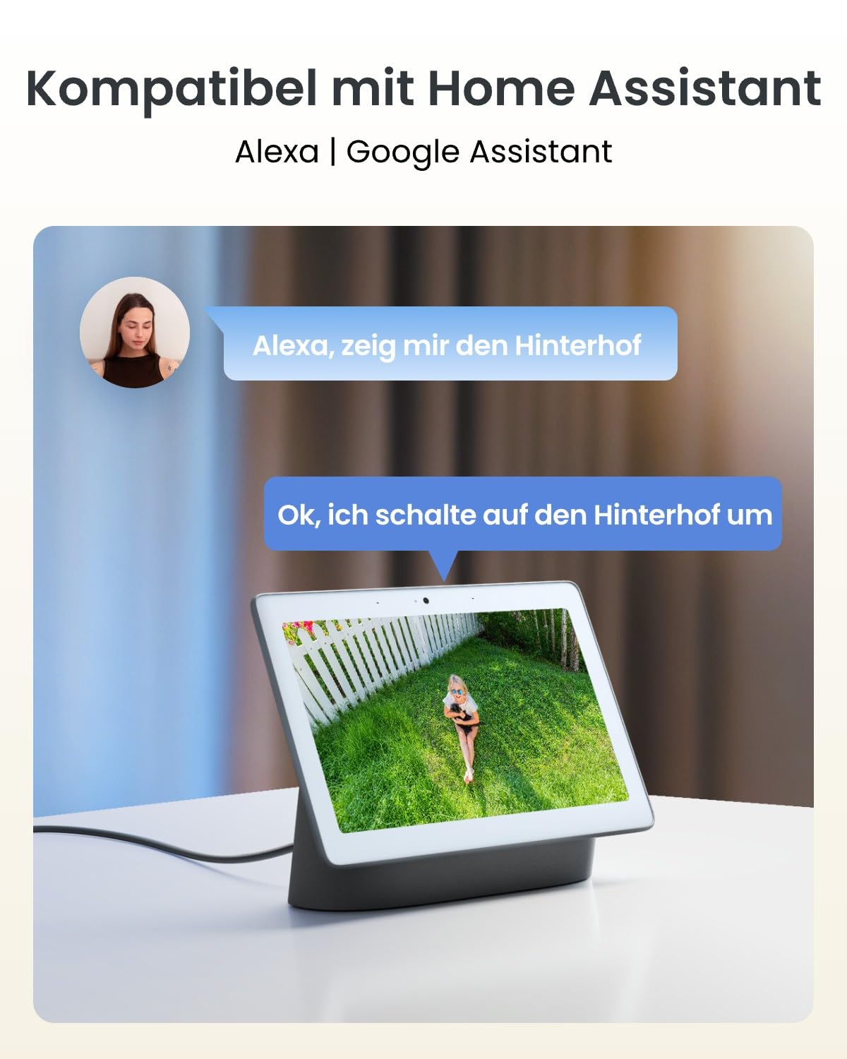 Uno smart display mostra il giardino, controllato con la voce.