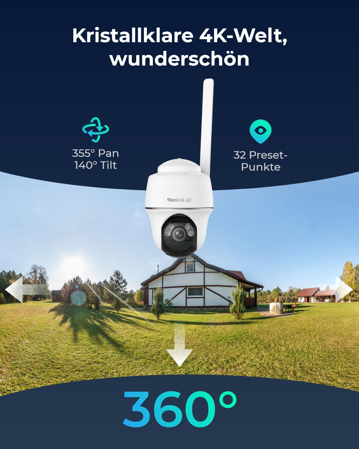 Telecamera di sicurezza Reolink 4K bianca con panorama a 360 gradi e casa sullo sfondo.