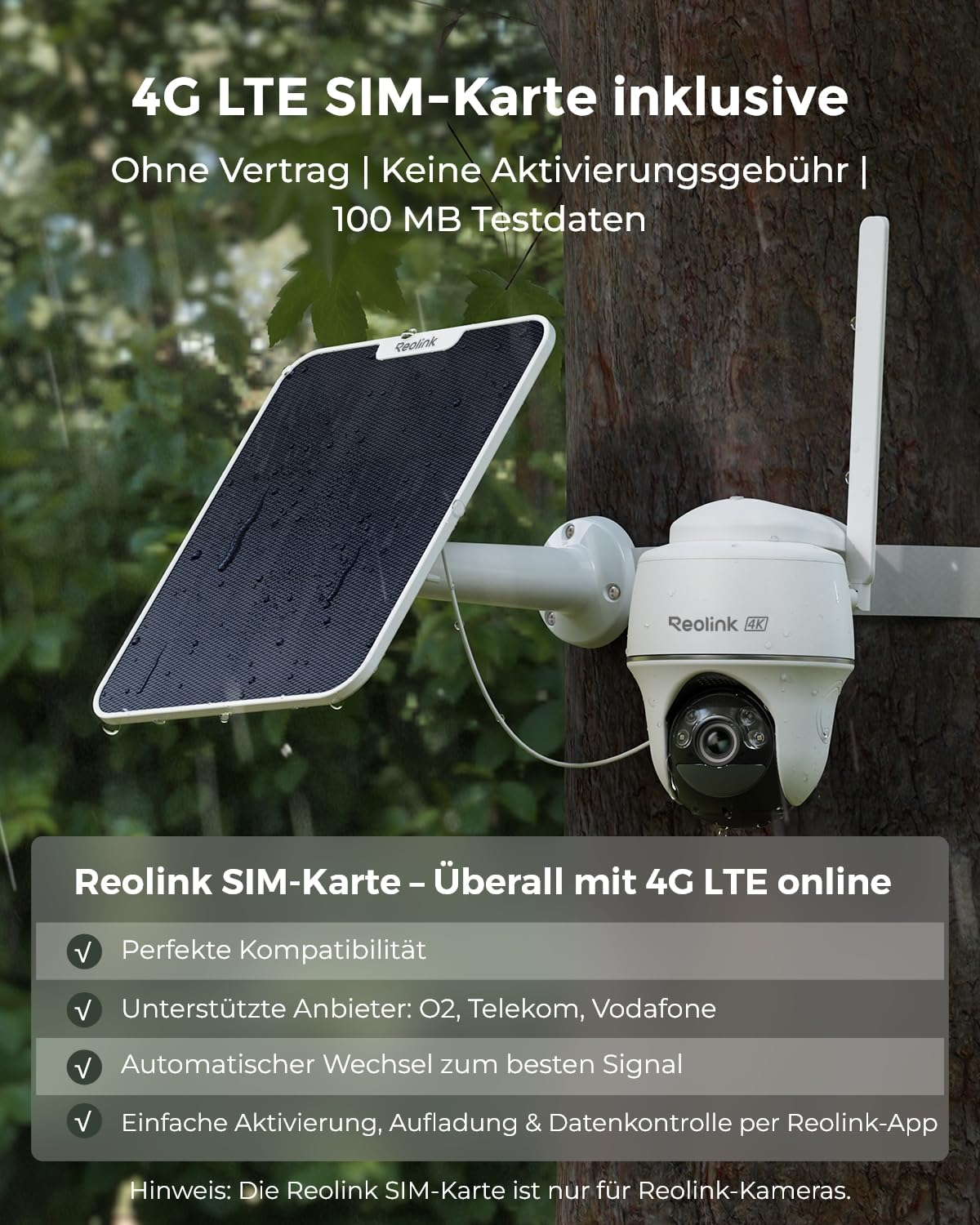 Una telecamera di sicurezza Reolink 4K con pannello solare è montata su un albero, con testo sulle funzioni 4G LTE.