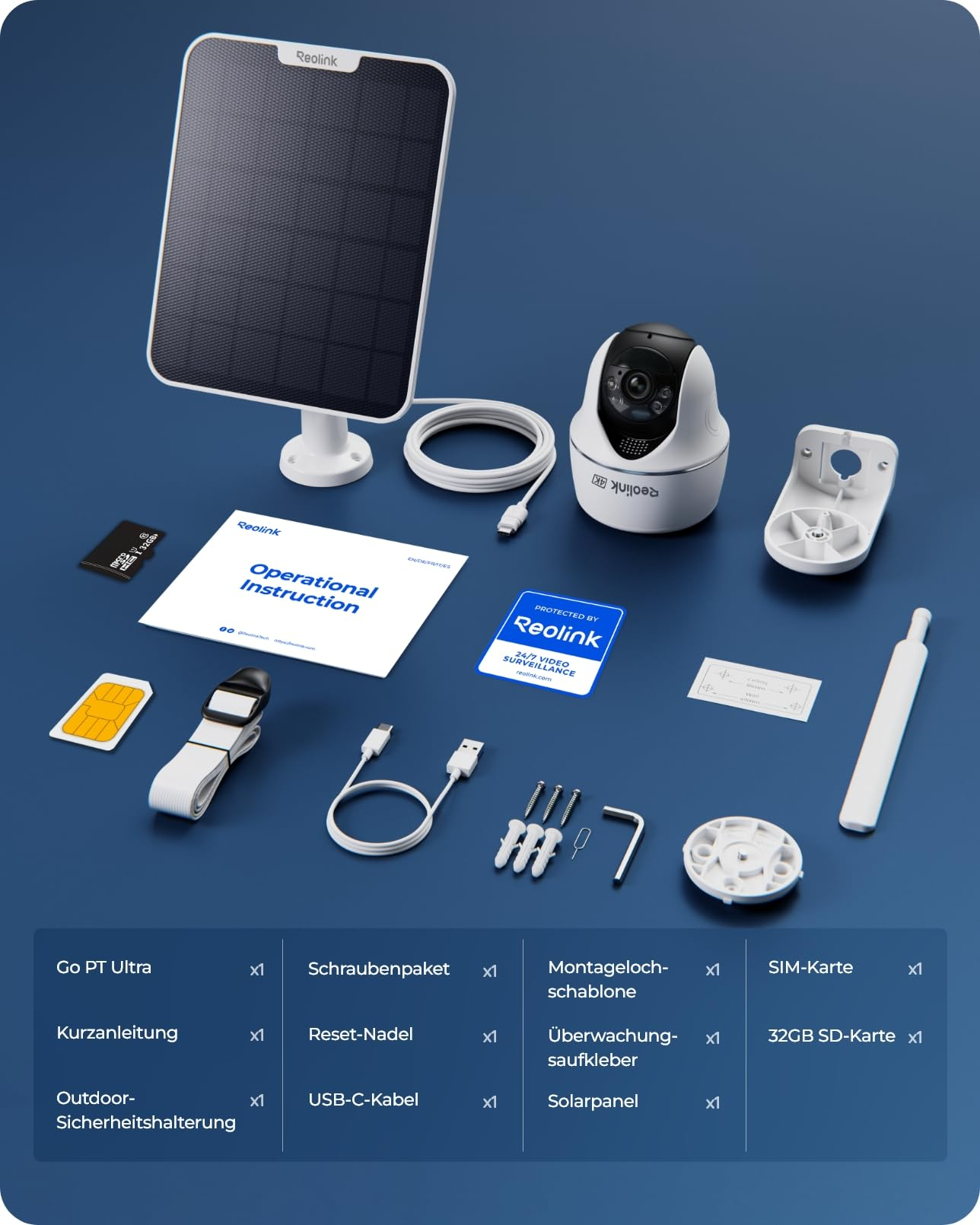 Telecamera di sicurezza con pannello solare, scheda SD, SIM, cavi, supporti, viti e manuale su sfondo blu.