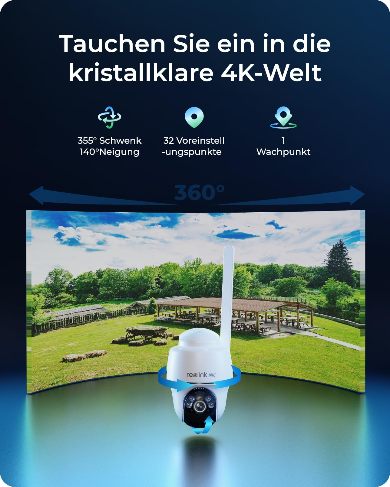Immagine promozionale di una telecamera di sicurezza Reolink 4K con visuale a 360 gradi e sfondo esterno.