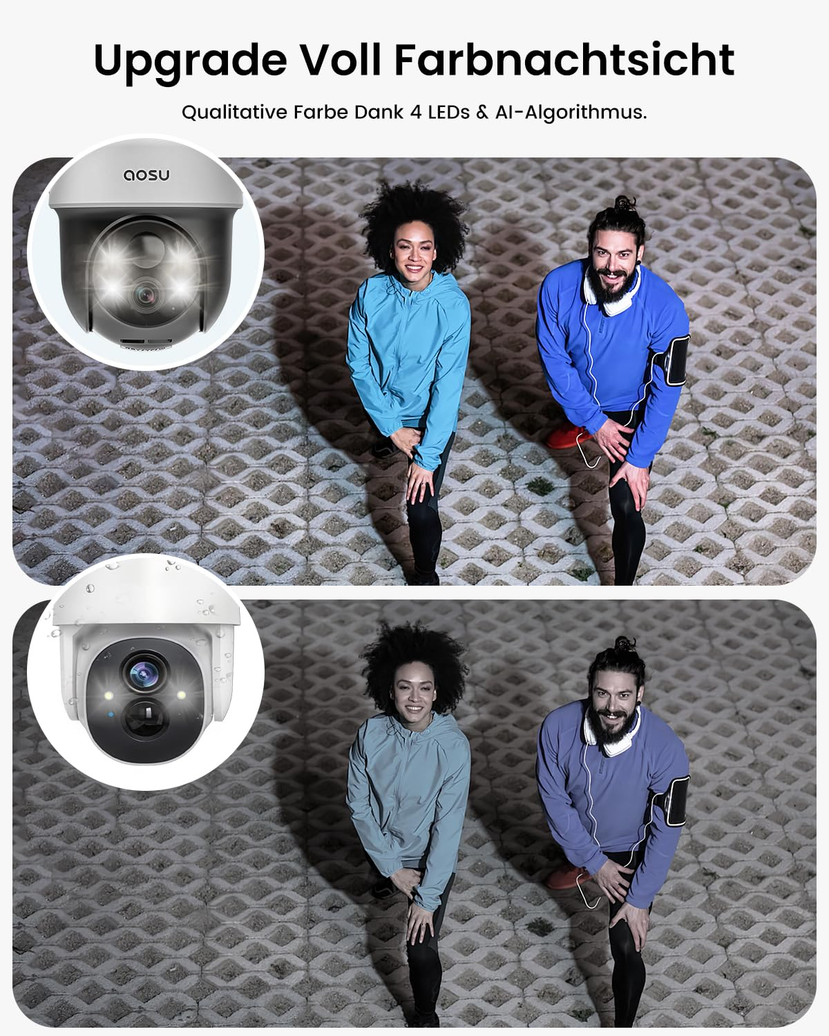 Confronto della visione notturna a colori con due corridori che fanno stretching.