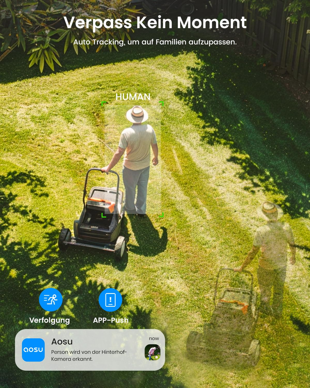 Una persona taglia l'erba in giardino, monitorata da una telecamera di tracciamento.