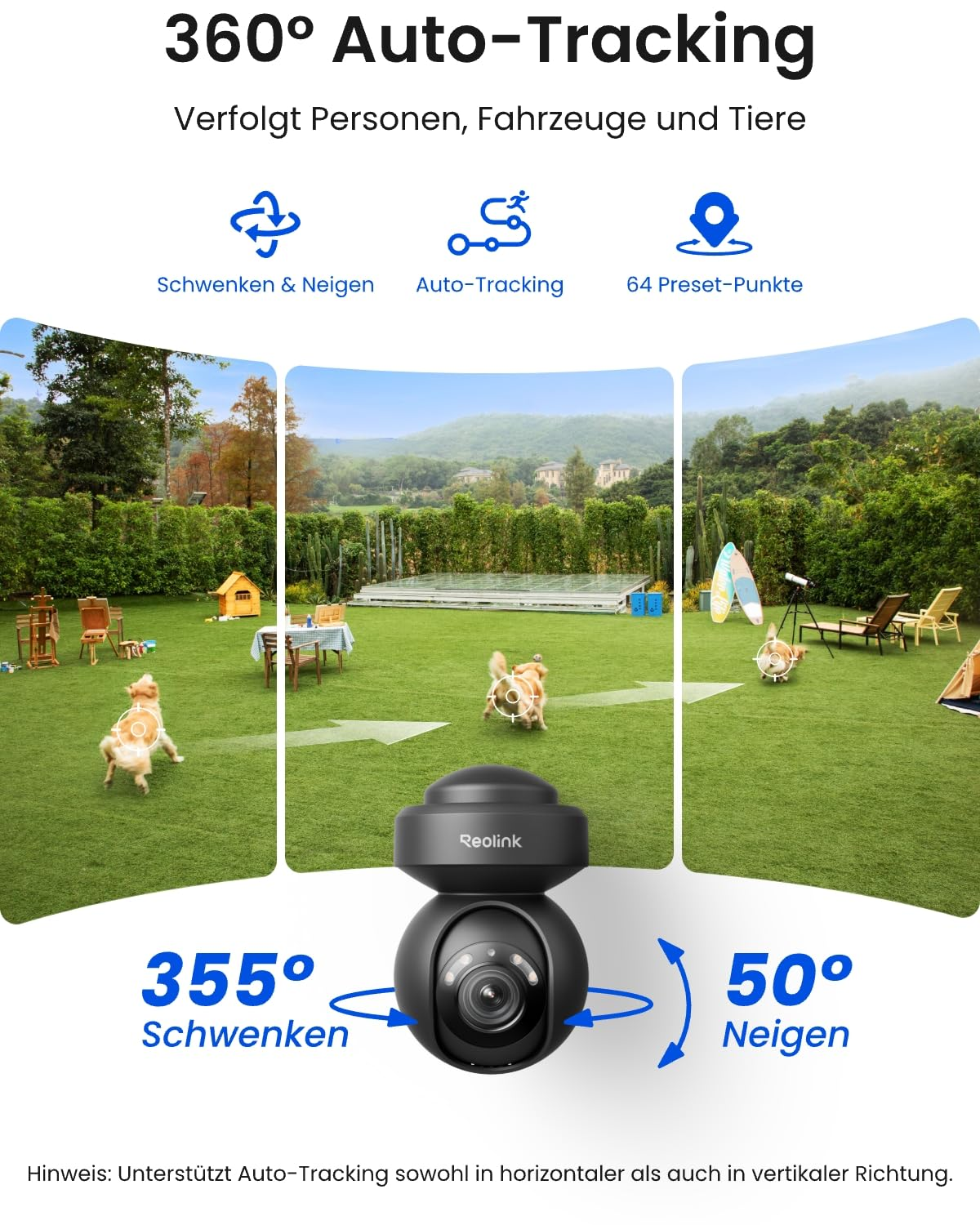 Una telecamera Reolink traccia un cane in giardino, mostrando il tracciamento automatico a 360 gradi e funzioni PTZ.