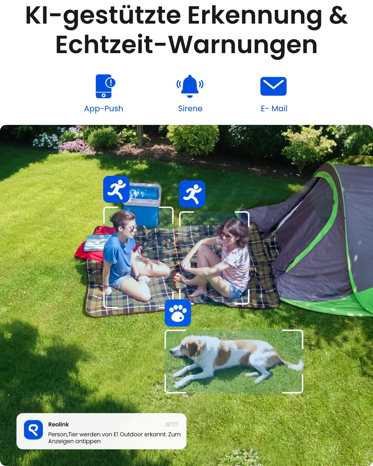 Rilevamento IA con icone per app, sirena, email e due donne con un cane sul prato.