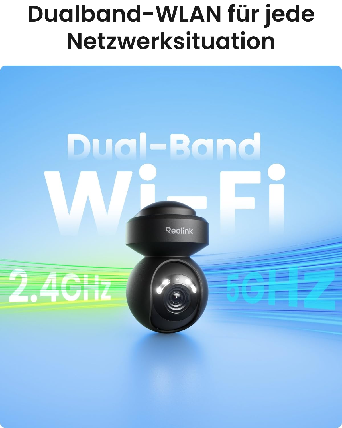 Telecamera di sicurezza Reolink nera su sfondo blu con etichette 2.4GHz e 5GHz.