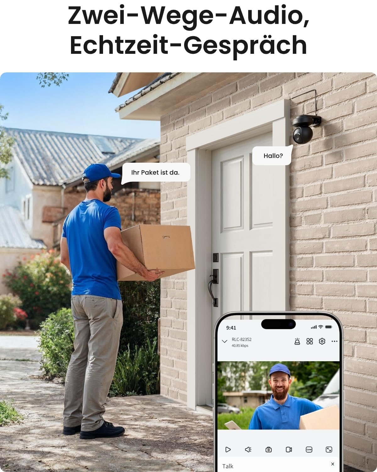 Un corriere con un pacco davanti a una porta, monitorato da una telecamera di sicurezza con audio bidirezionale.