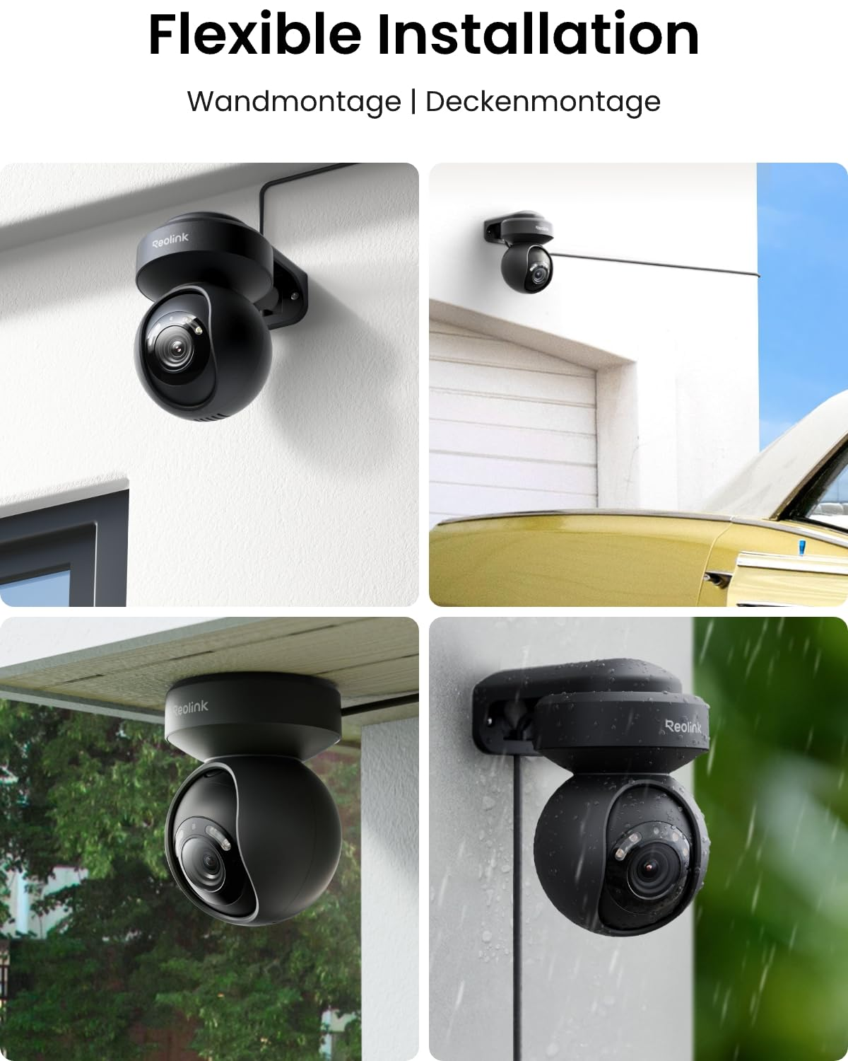 Quattro immagini che mostrano una telecamera di sicurezza Reolink nera montata su pareti e soffitti esterni.