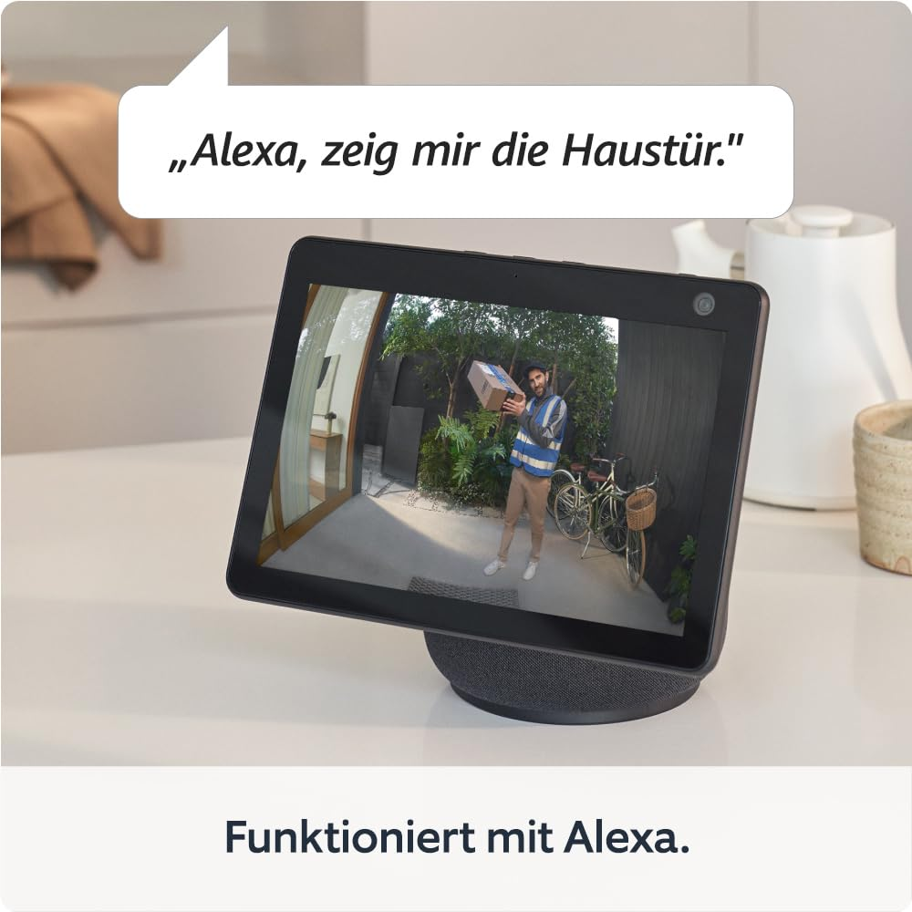 Smart-Display zeigt eine Kameraansicht von einem Lieferanten mit Paket vor der Haustür.