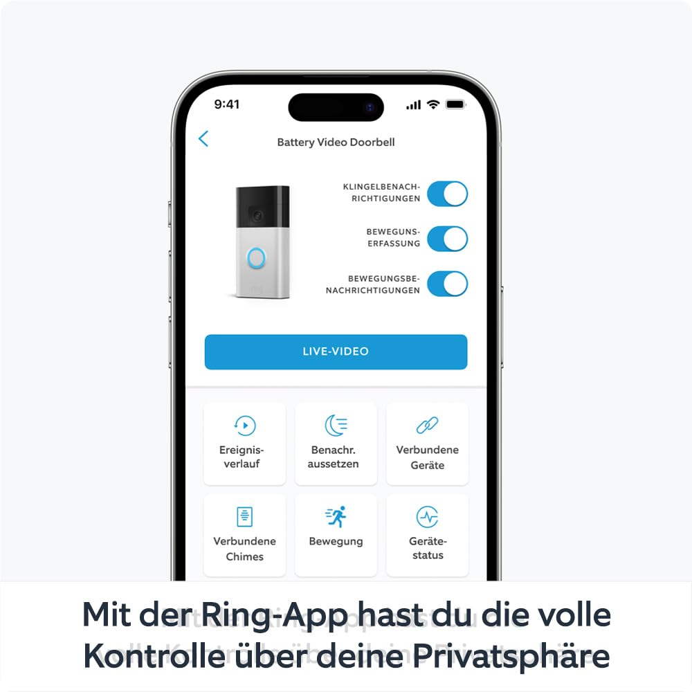 Ein Smartphone zeigt eine Video-Türklingel-App-Oberfläche mit Schaltern und Funktionssymbolen.