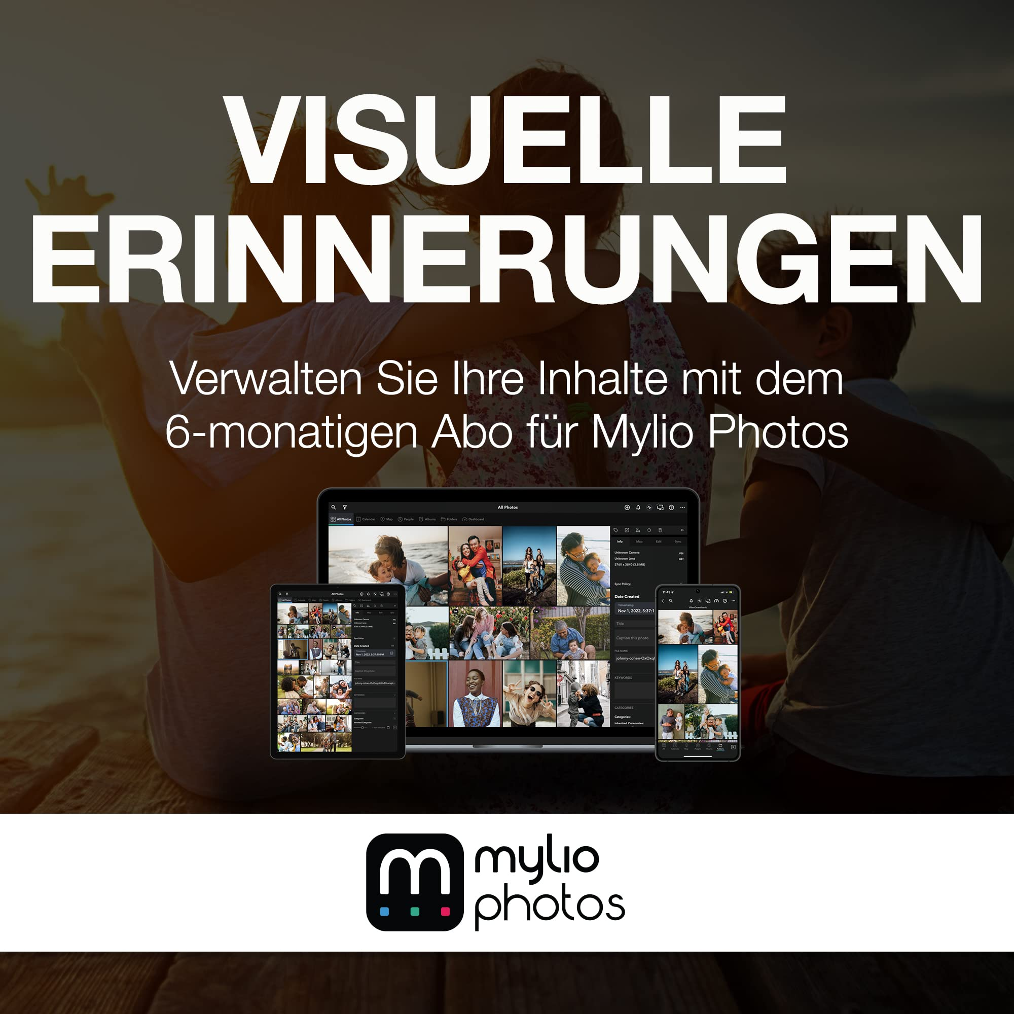 Mylio Photos Werbung mit drei Geräten und Text über visuelle Erinnerungen.