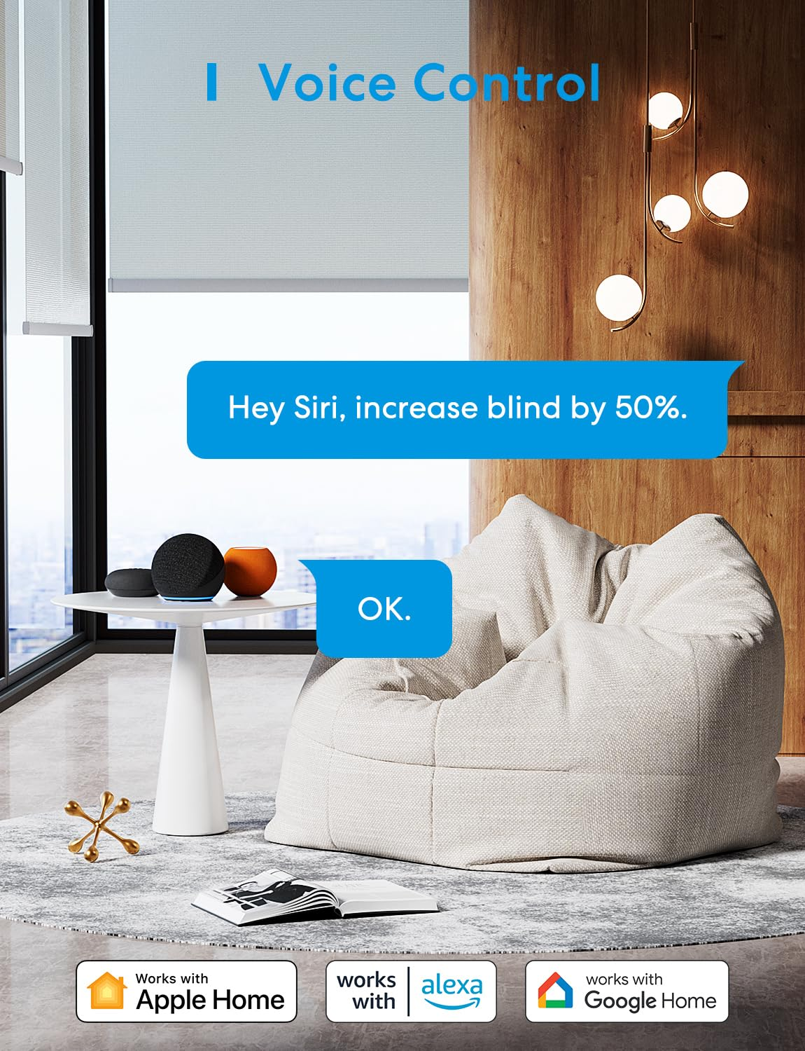 Ein sprachgesteuertes Smart-Home-Setup zeigt smarte Lautsprecher auf einem Tisch, einen Sitzsack und Sprachbefehl-Grafiken.