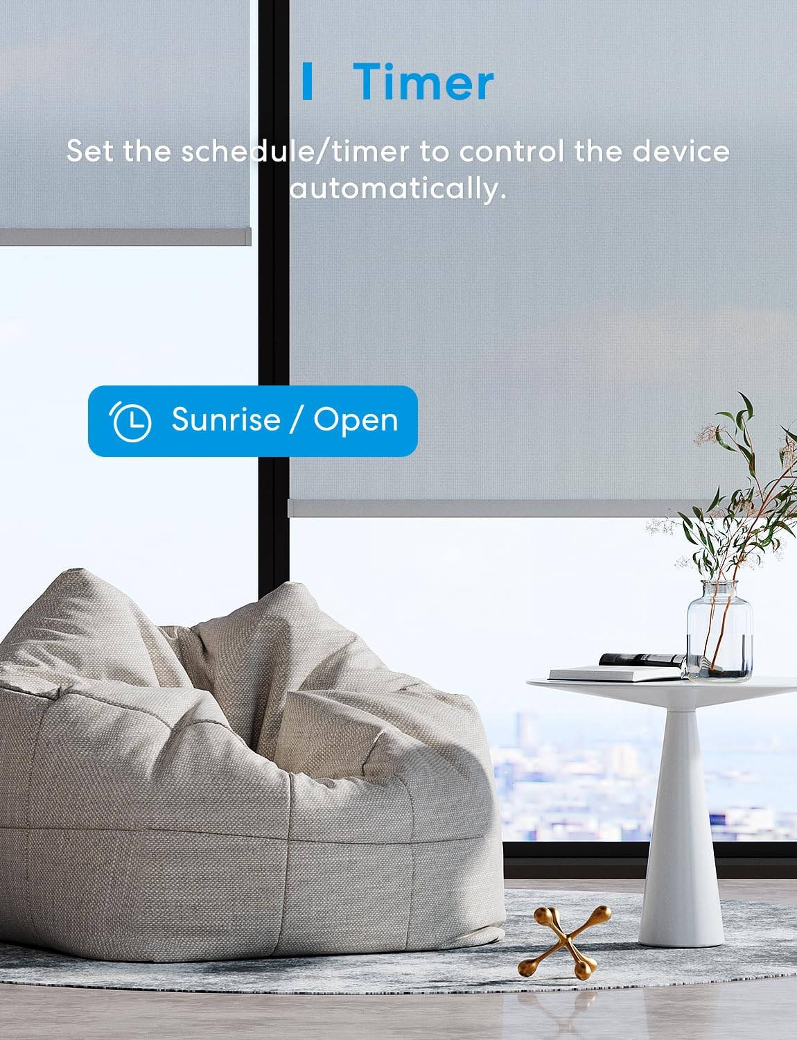 Ein Timer-Symbol über einem Fensterrollo mit Text zu automatischen Zeitplänen und ein Sessel davor.