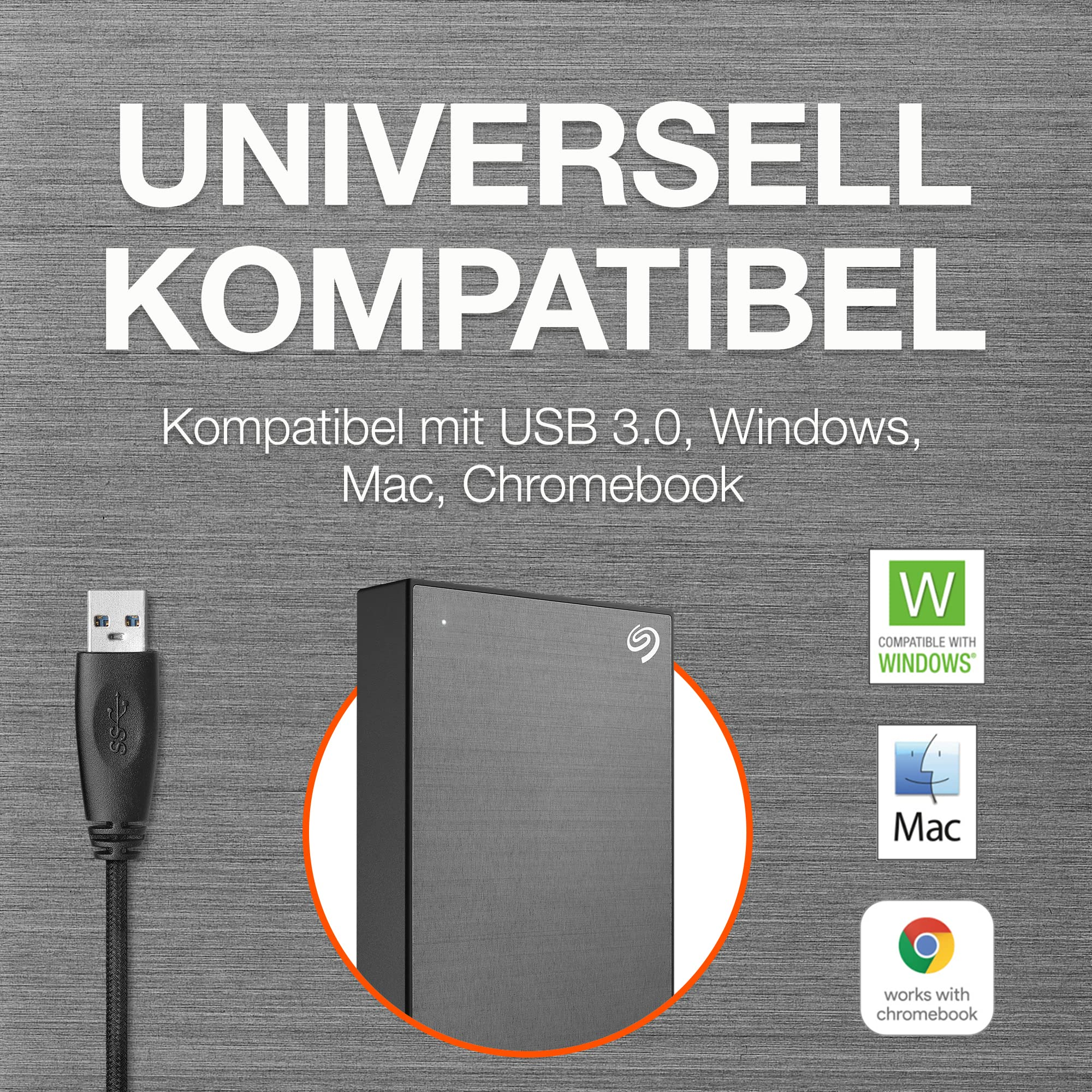 Universell kompatible externe Festplatte mit USB-Kabel und Kompatibilitätssymbolen auf grauem Hintergrund.