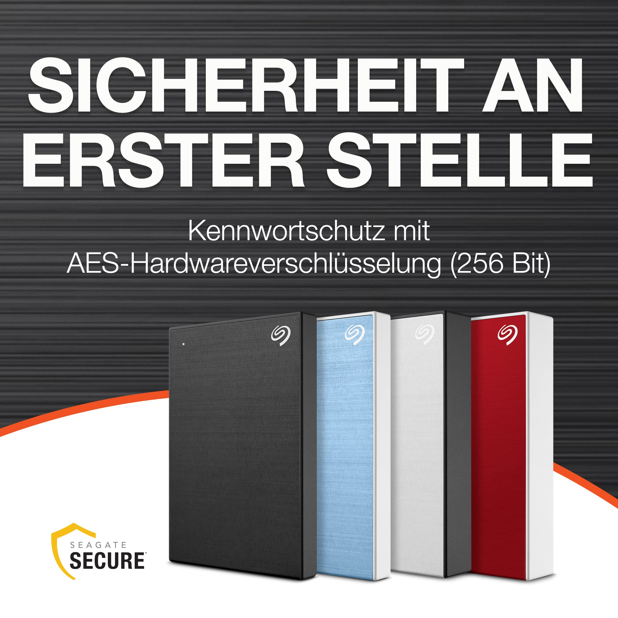 Vier farbige Seagate Backup Plus Festplatten stehen vor einem dunkelgrauen Hintergrund mit dem Text "Sicherheit an erster Stelle".