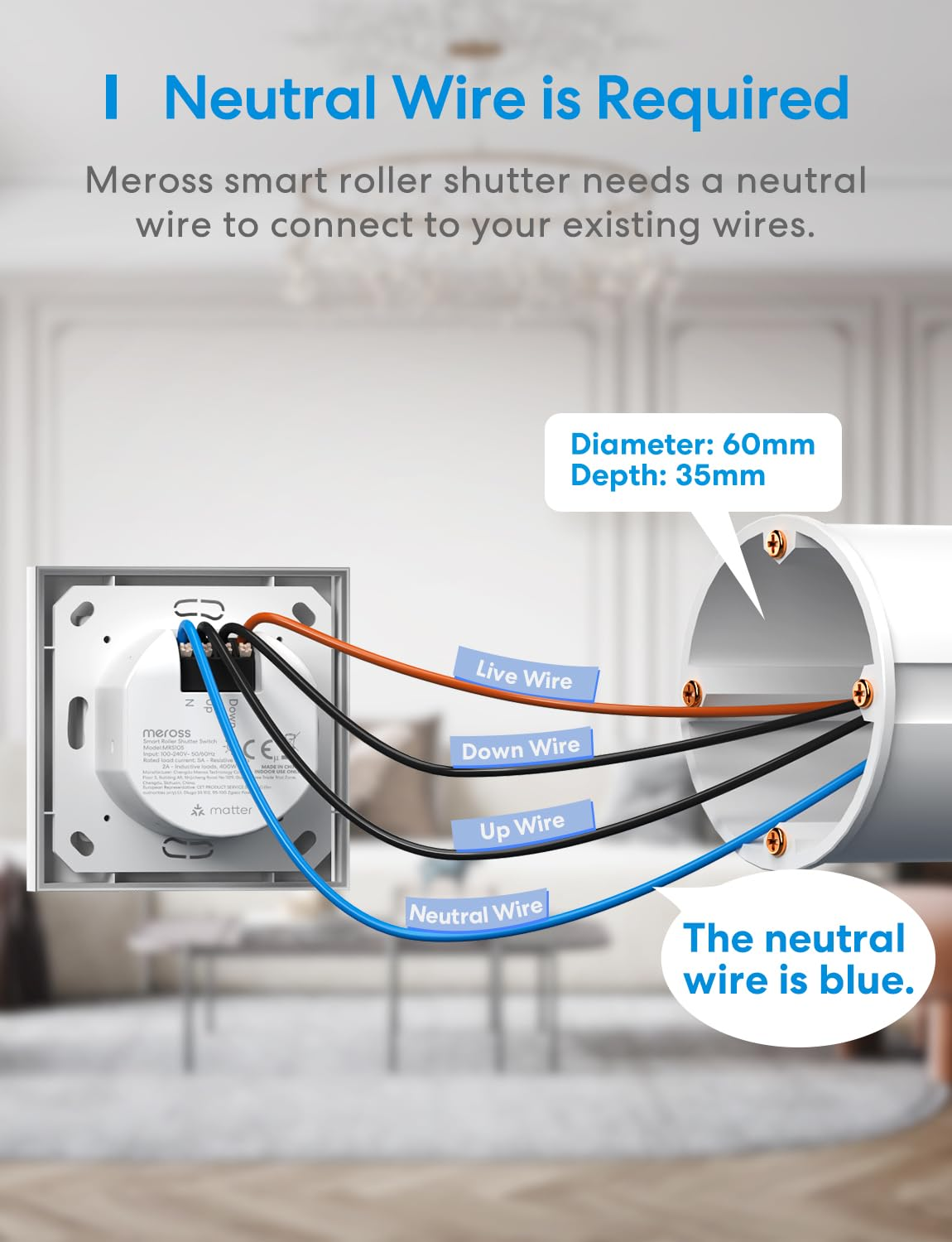 Ein Diagramm zeigt den Anschluss eines Smart-Rollladenschalters mit farbigen Kabeln.